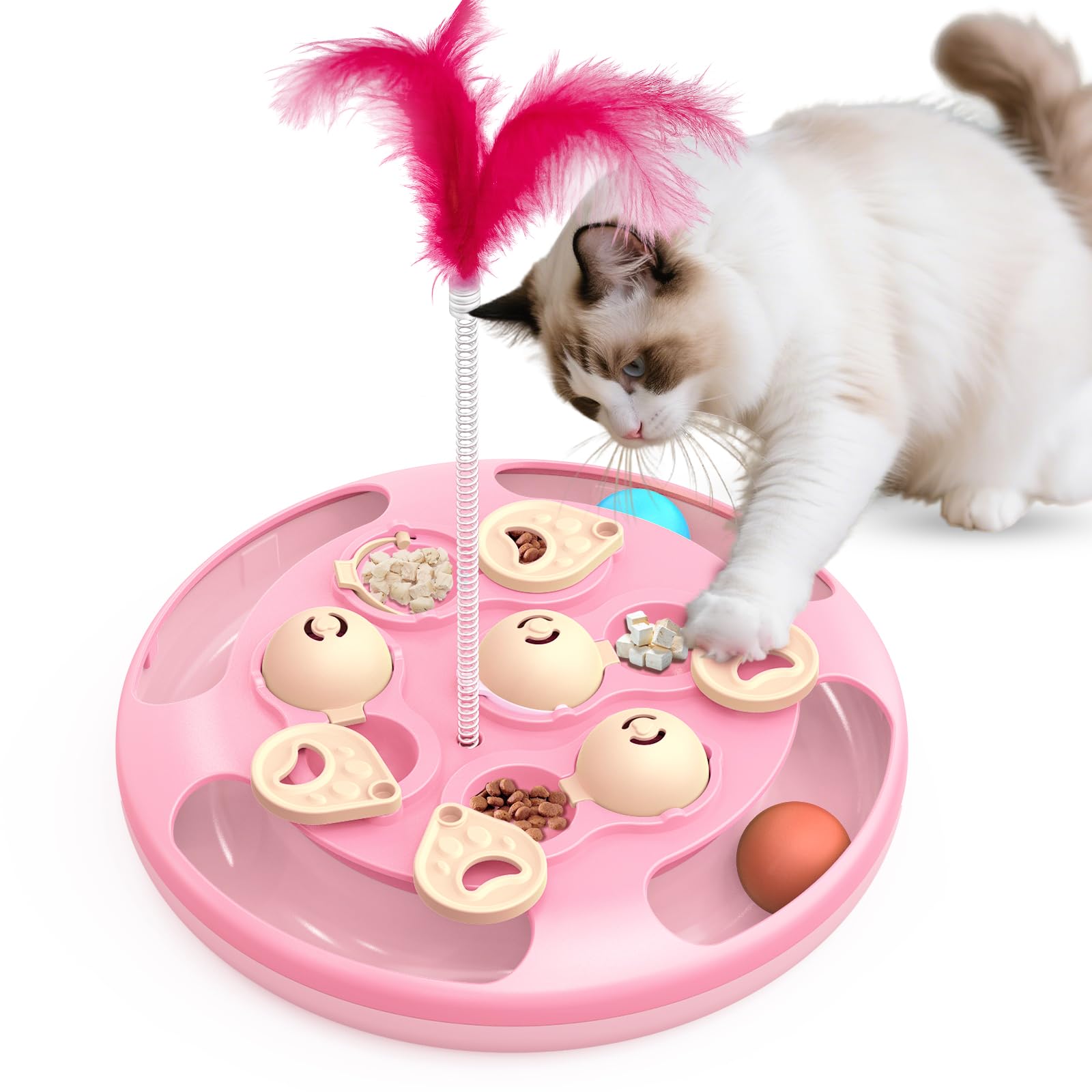 Juguetes y juegos de rompecabezas para gatos, nivel 3 en 1 con bolas de seguimiento, juguete de plumas y alimentador de golosinas, base antideslizante, par de enriquecimiento de estimulación