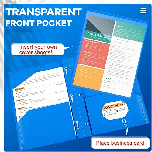 Miniatura 3 de Henoyso Carpetas de plástico con 2 bolsillos, 100 unidades, con bolsillo frontal transparente con puntas, carpetas de 3 puntas con bolsillos,