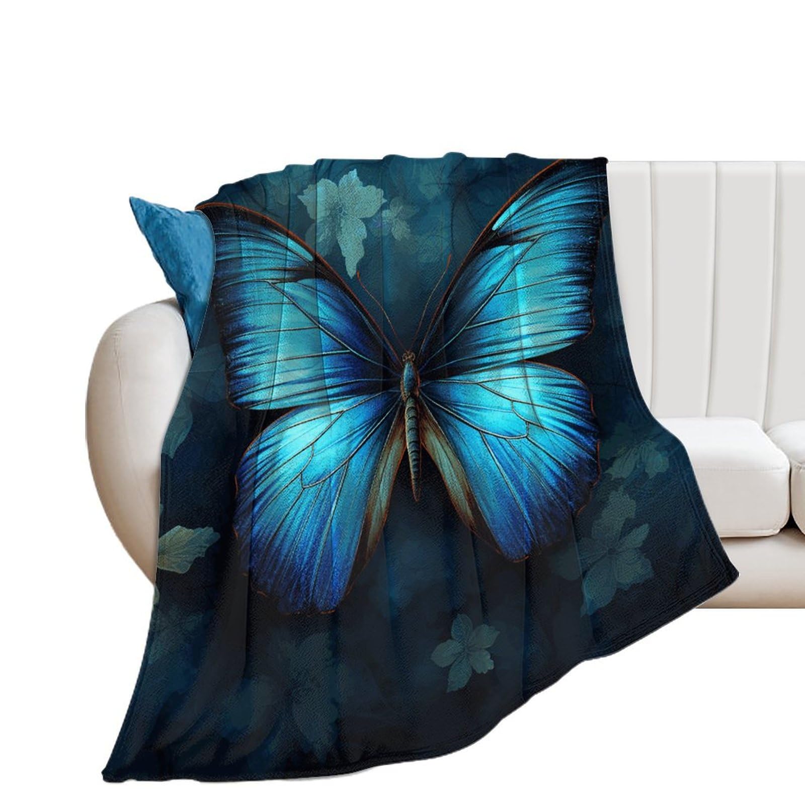 Couverture en flanelle papillon bleu, plaid microfibre lit et canapé douillet