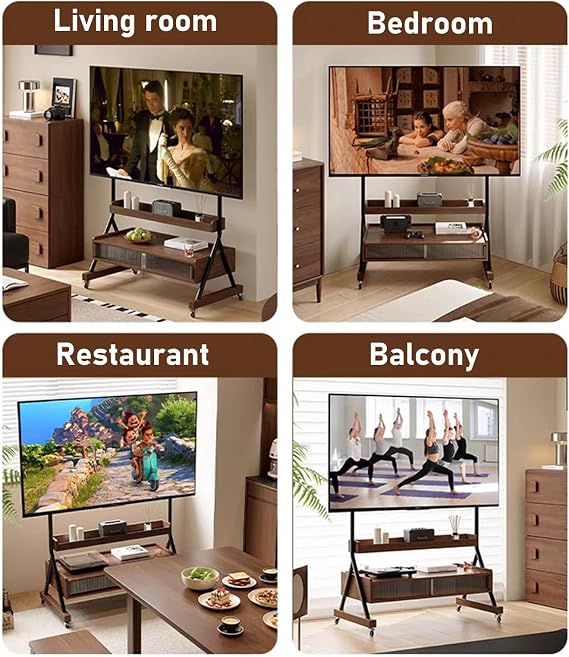 Mobile TV Cart,Modern Television Stand with Wooden Storage Shelf,Rolling TVs Cart on Wheels Height Adjustable Heavy-Duty Floor Stand Base for 40 to 85 inch TV(B)