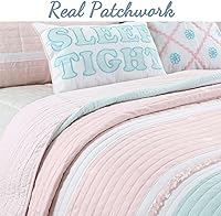 Vista 4 de Juego de ropa de cama reversible de 100% algodón con volantes color rosa claro, azul (caramelo, individual, 2 piezas)