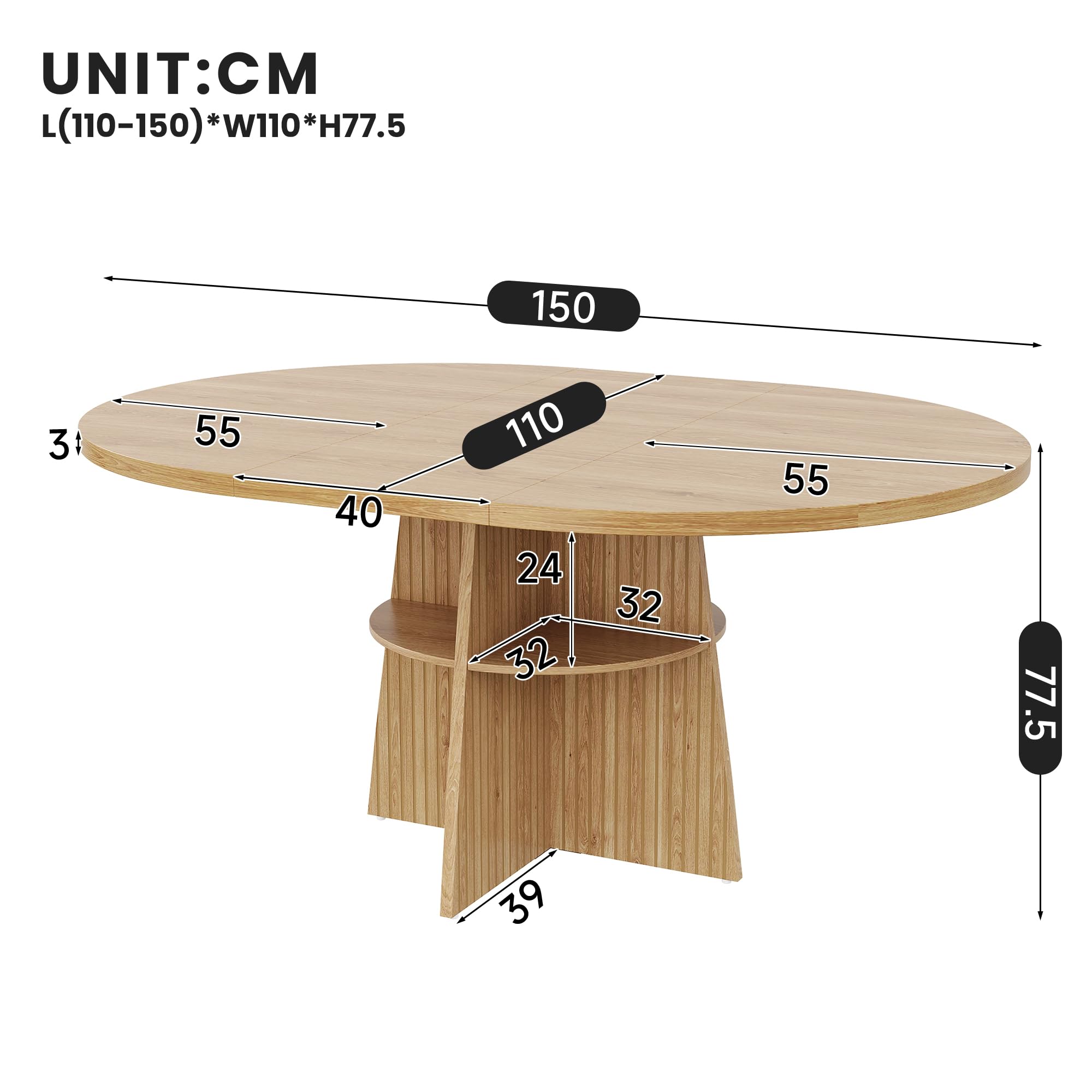 Mesa de comedor redonda extensible, 110-150 x 110 x 77,5 cm, ahorra espacio, para 2-8 personas, con tablero extensible y estante integrado, mesa moderna de madera en aspecto natural, natural