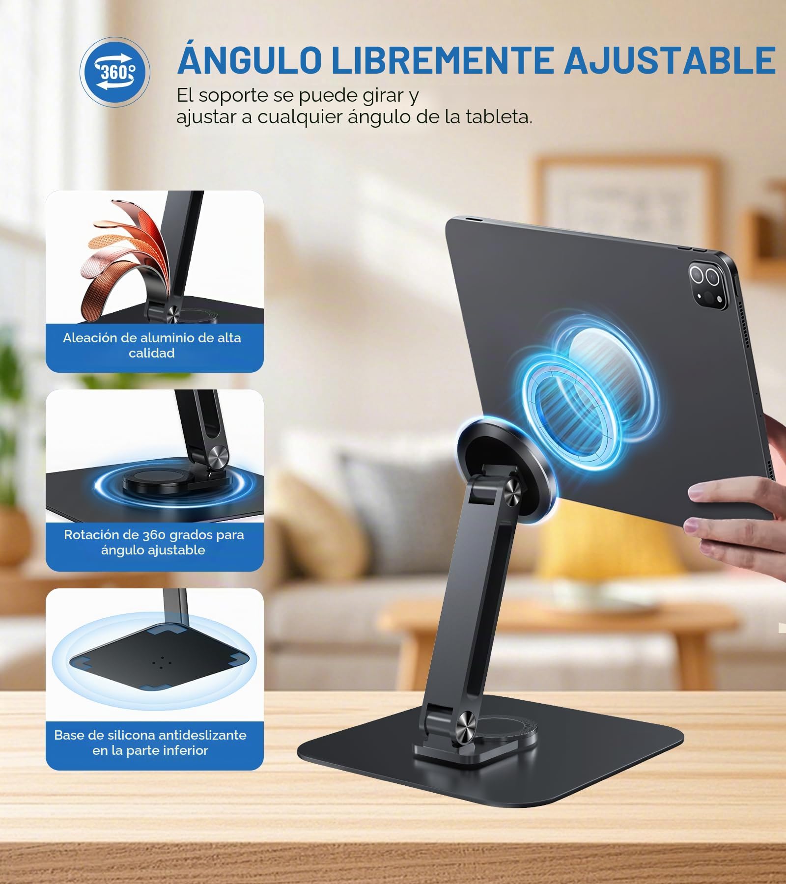 Soporte Magnético para Tabletas con Base Reforzada, Soporte de Escritorio Universal para Android/iPad, Ajustable para móviles Serie iPhone 12 al 16 para Viajes Mesa, Múltiples Ángulos