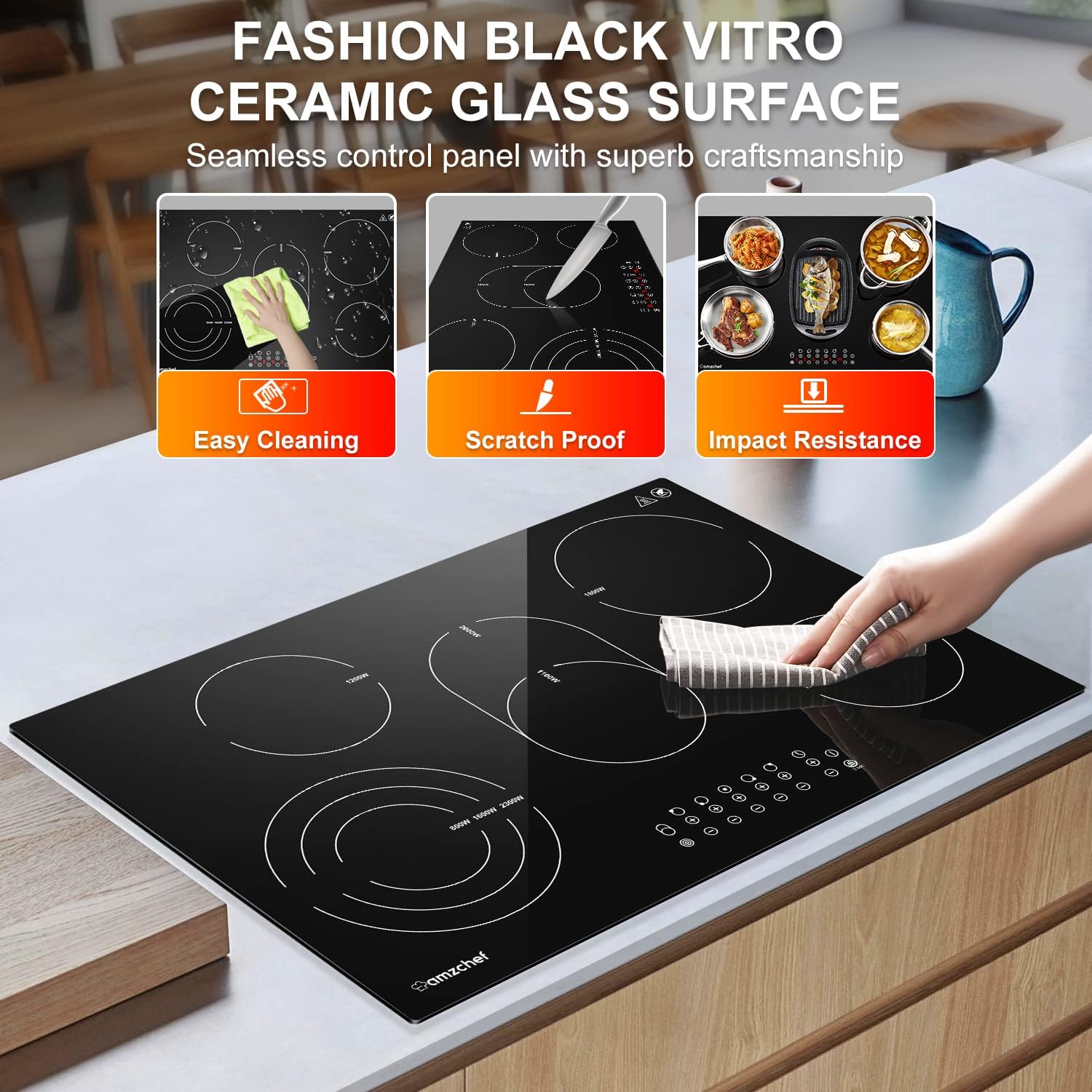 AMZCHEF Ceramic Glass Hob surface demonstrating easy cleaning, scratch-proof, and impact resistance