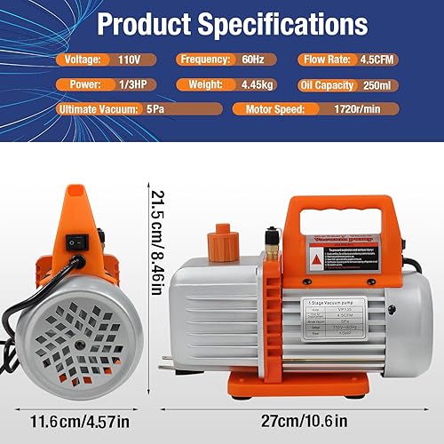 Miniatura 2 de BACOENG Bomba de vacío de 4.5CFM, bomba de vacío de paletas rotativas de una sola etapa de 110 V 13 HP con aceite, para R12 R22 R134a R410a AUTO AC