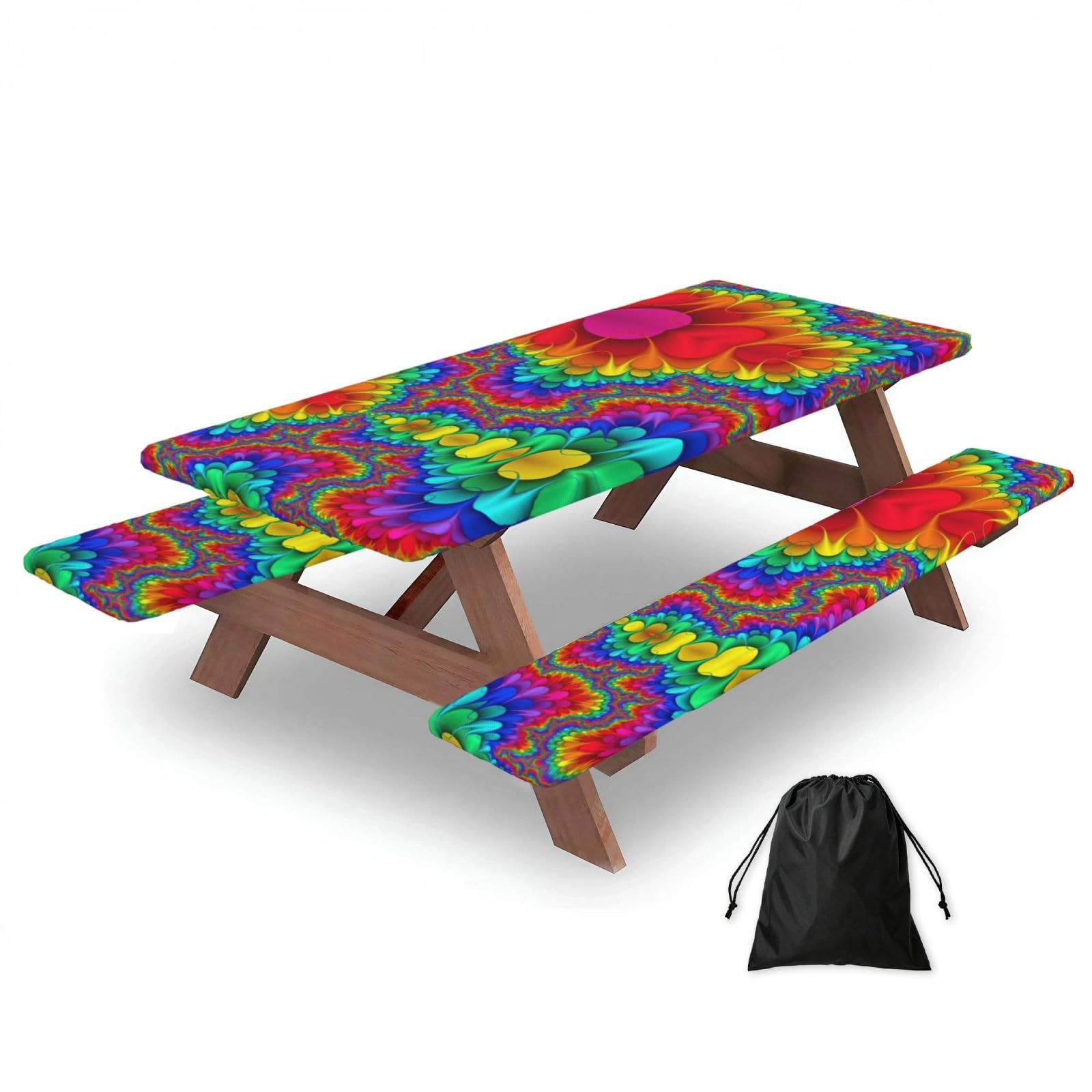 Zyjhyy Black Rainbow Tie Dye-Red Print 3 Pack Wipeable Picnic Bench Cover And Table Cover Lightweight Table Cloth For Camping Outdoor