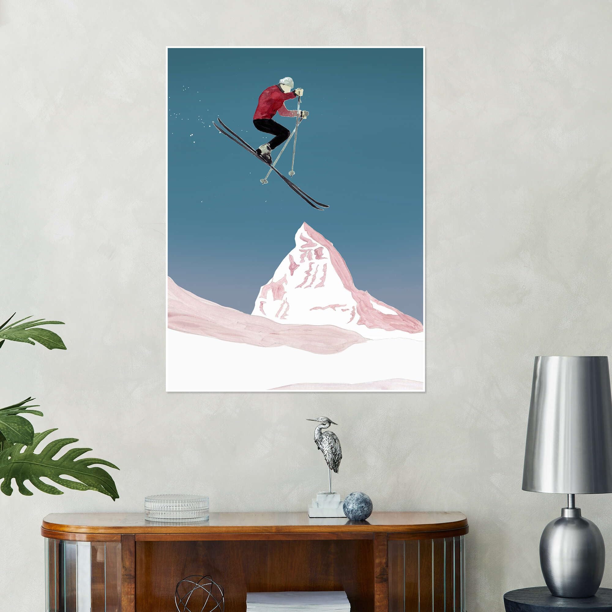 Posterlounge Skier at the Jump Poster | 90 x 120 cm di Mantika Studio Blu Quadri Decorazione per pareti