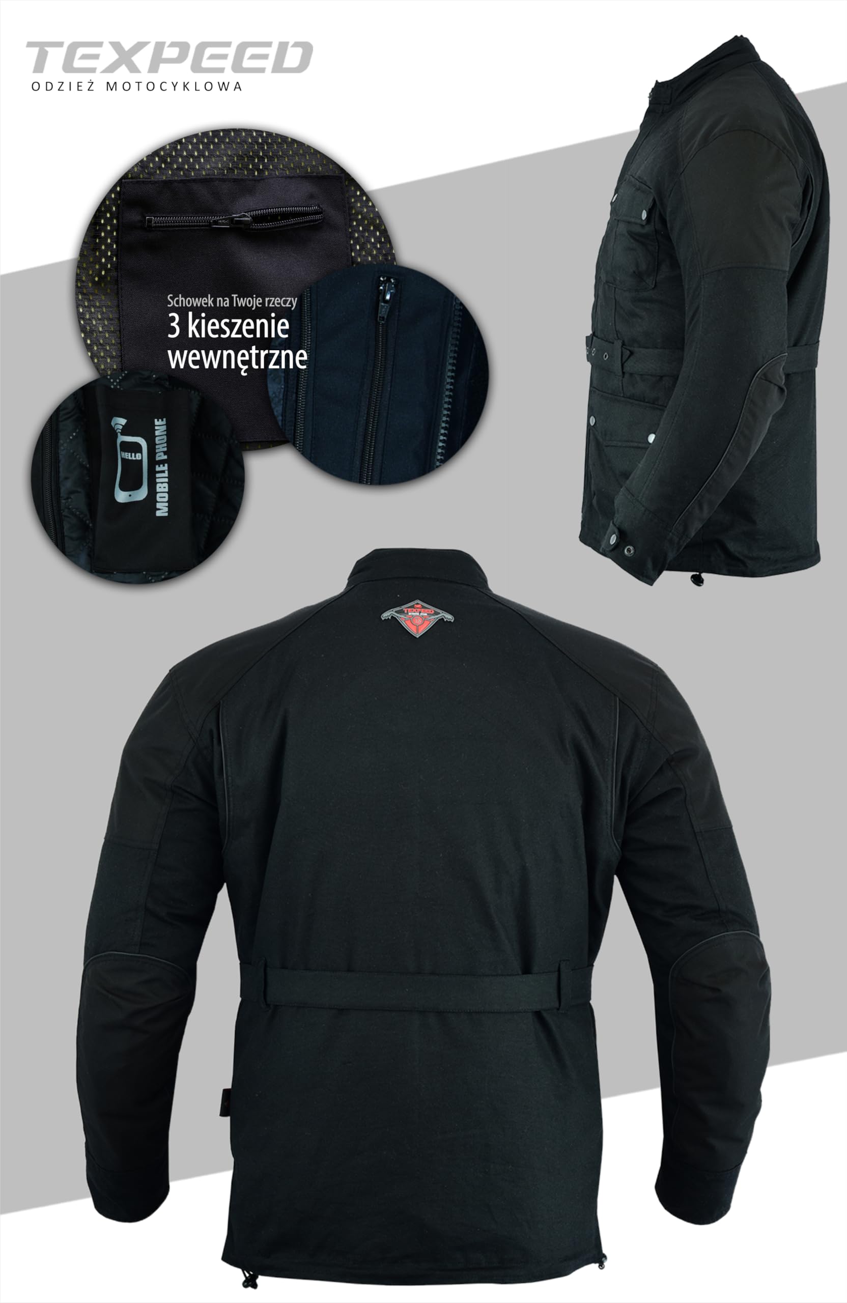 Texpeed Wodoodporna, woskowana męska kurtka motocyklowa Cordura z czarną zbroją (EN 1621-1) - (XL)
