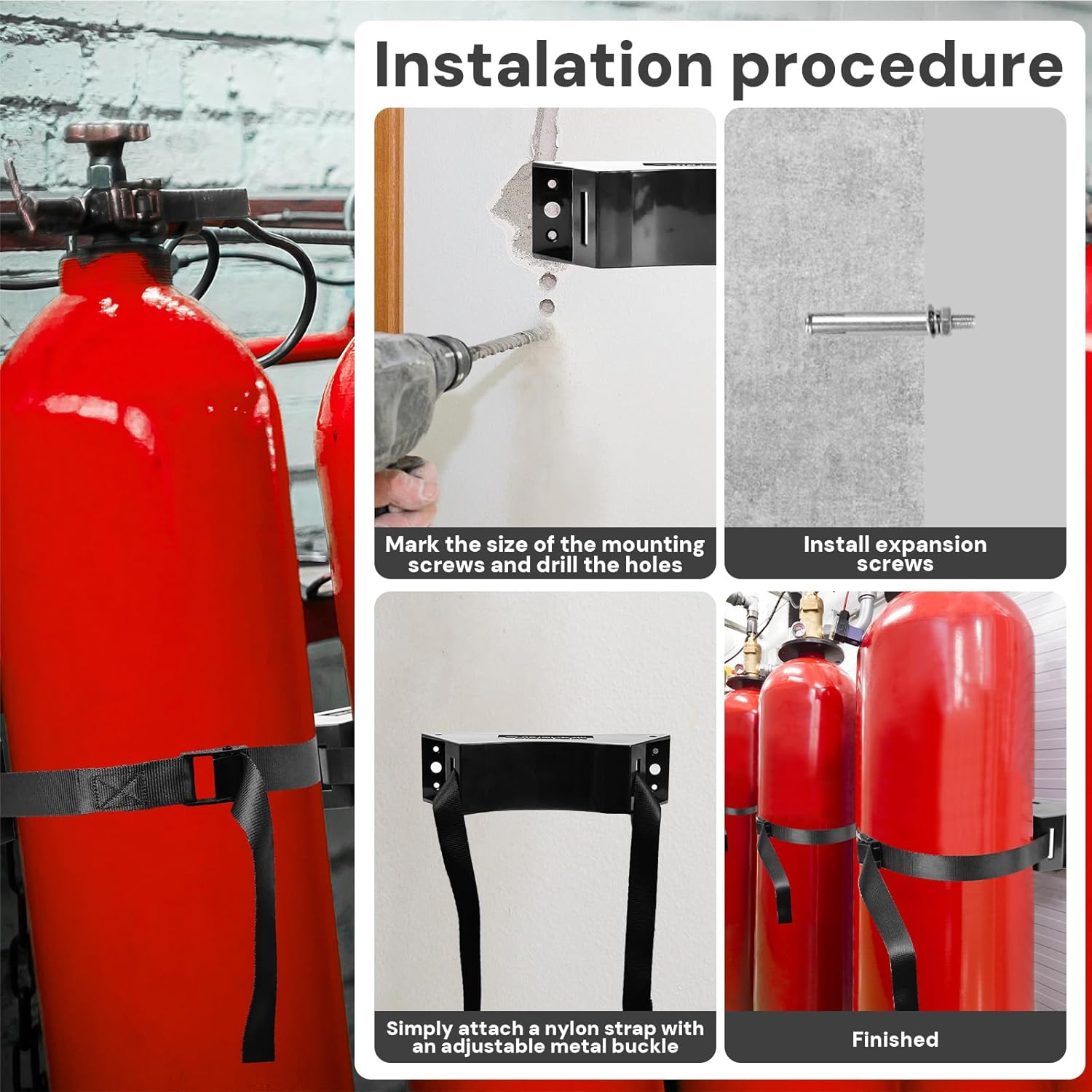 4PCS Propane Tank Holder, Gas Cylinder Holder, Propane Tank Mount， ABS Gas Cylinder Holder with Screws and Safety Chain Supported 4"-12" , for mounting Various Gas cylinders 4(Black)