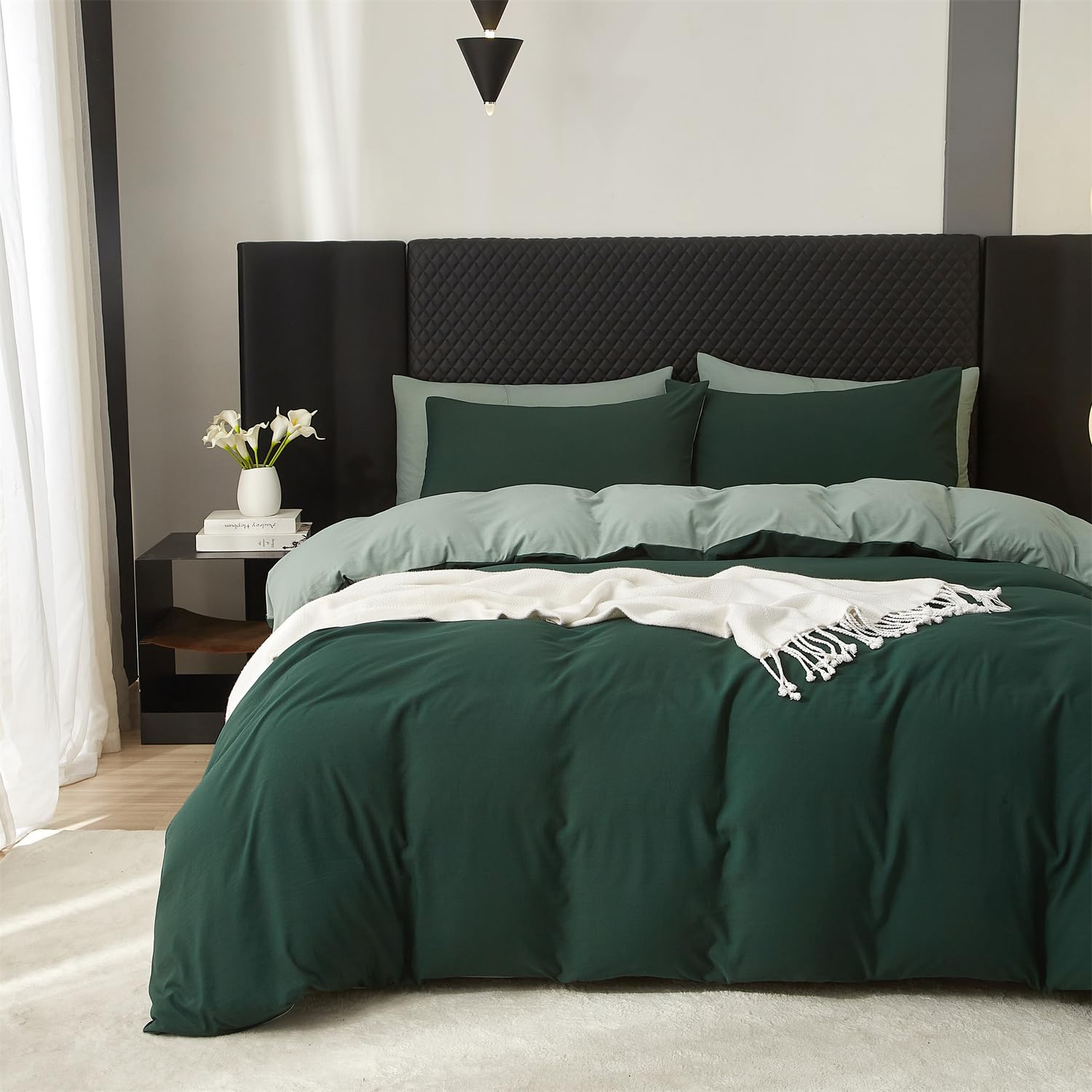 Boqingzhu Baumwolle Bettwäsche 200x220cm Grün Dunkelgrün Salbeigrün Einfarbig Uni Aesthetic Wendebettwäsche Set Bettbezug 200x220cm und 2 Kissenbezüge 80x80cm mit Reißverschluss