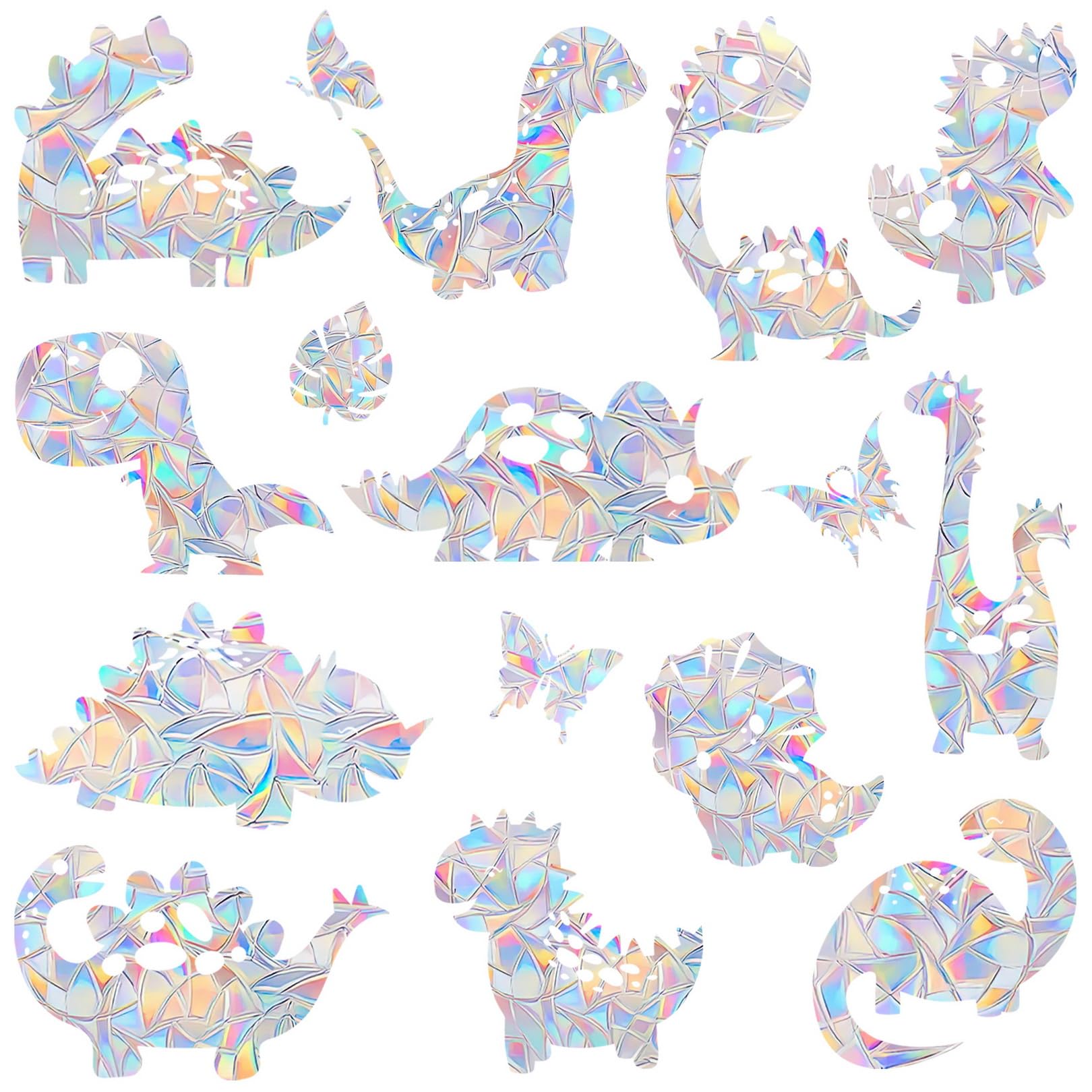 16 Dinosaur Window Decals - Anti-Collision Clings for Bird Strike Prevention, Non-Adhesive Prismatic Rainbow Suncatchers,Resuable Easy Remove No Residue