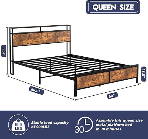 Miniatura 2 de Base de cama Queen con cabecero, base de cama de metal con luces, salidas y cargador, soporte de 13 listones de metal, fácil montaje, sin ruido, no