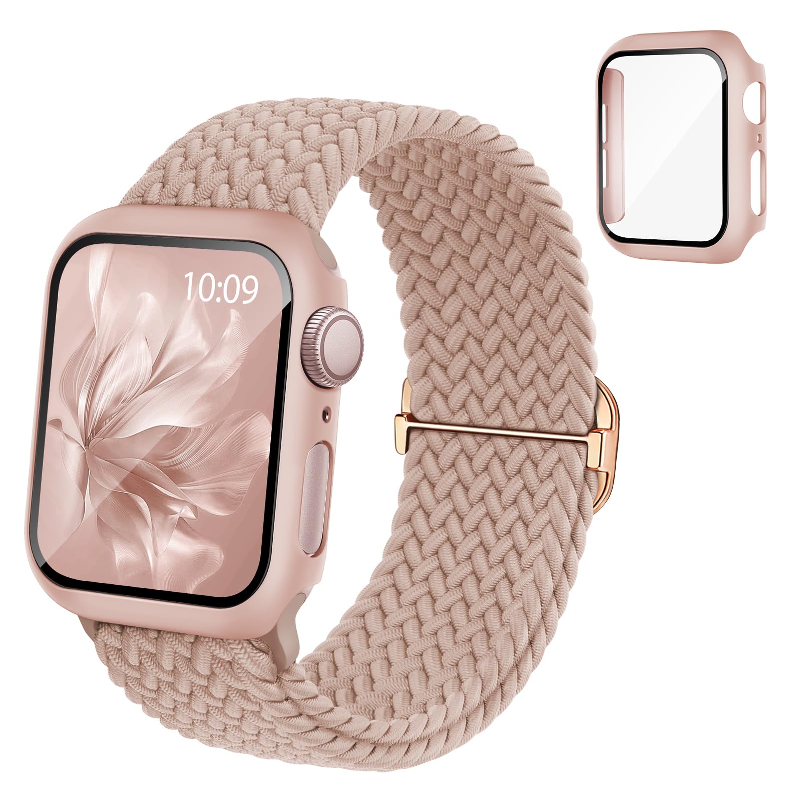 Braided Stretchy Band Compatible for Apple Watch Band and Case 40mm 41mm 42mm 44mm 45mm 46mm, Nylon Elastic Solo Loop and Protective Cover with Screen