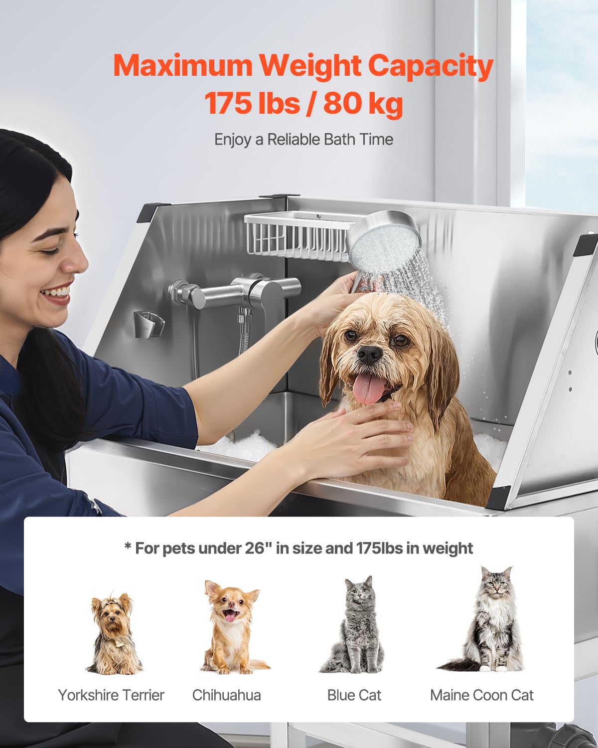 VEVOR Stazione di Lavaggio per Cani in Acciaio Inox, Vasca per Toelettatura per Animali Domestici da 86,36 cm con Rubinetto e Soffione Doccia e Palline da Gioco, per Cani per più Animali Domestici