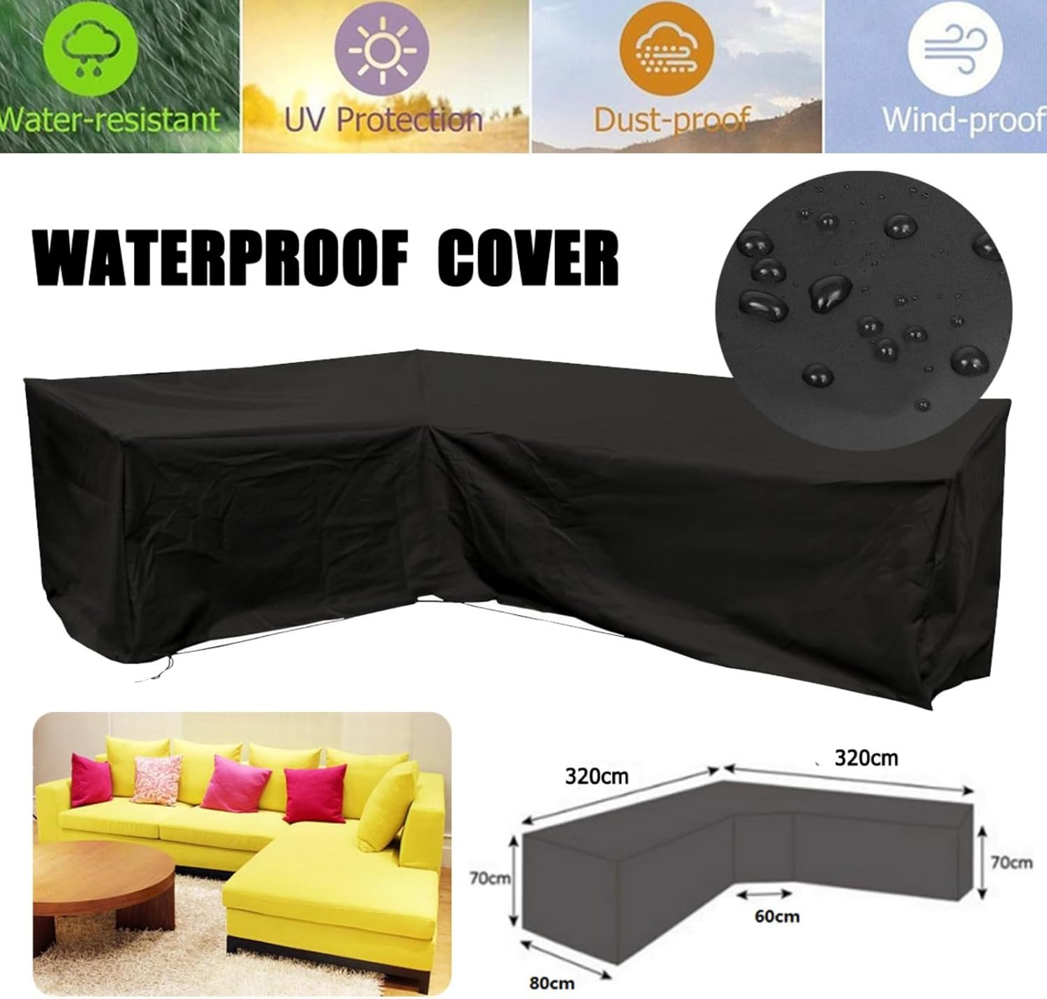 10.5x10.5FT L-Shaped Patio Sofa Cover - Waterproof Sectional Furniture Protector - Available in Black or Grey (Black)