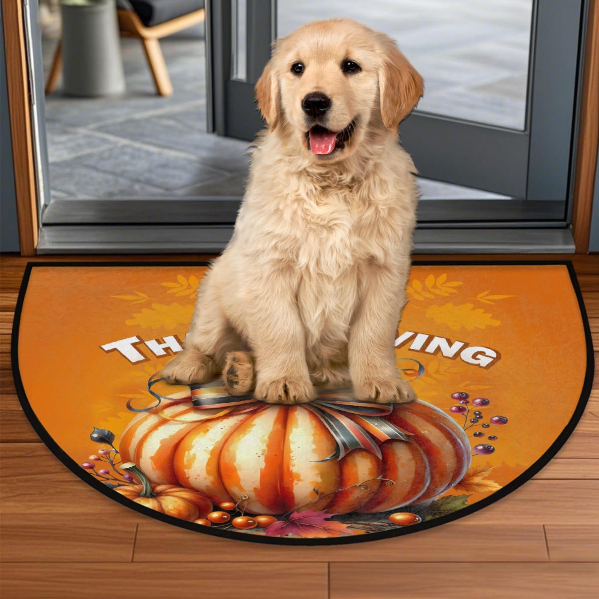 Half Round Door Mat Orange Pumpkin Holidays Non-Slip Soft Semi Circle Rug Washable Half Moon Welcome Entrance Doormat for Outdoor Indoor Floor Bedroom Bathroom Home Kitchen Festival Decor Gift