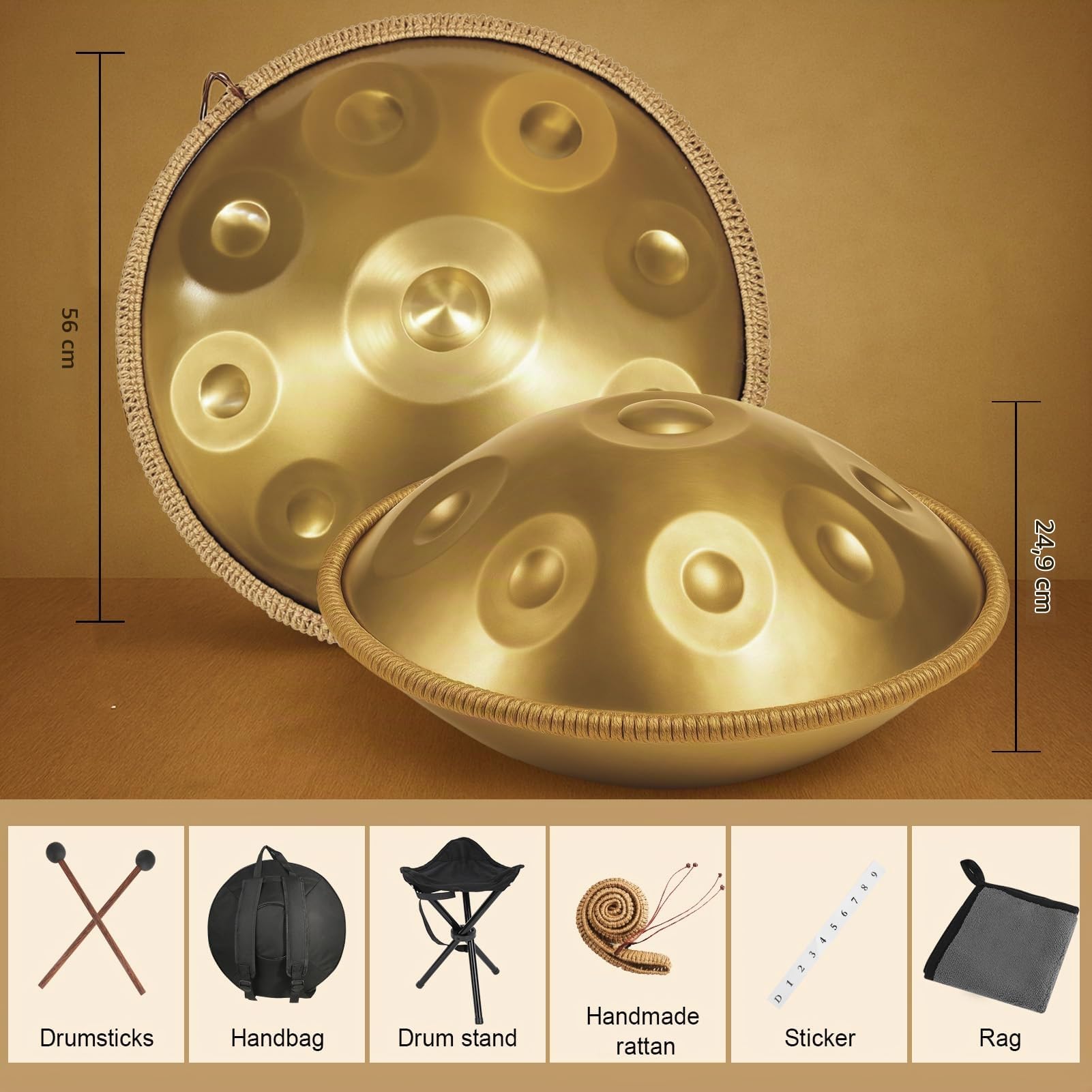 Handpan Drum, 22 Pouces 12 Tons Or Steel Hand Pan Tongue Drum D Minor pour Yoga, Méditation avec Sac à dos, Support de Batterie (440hz)