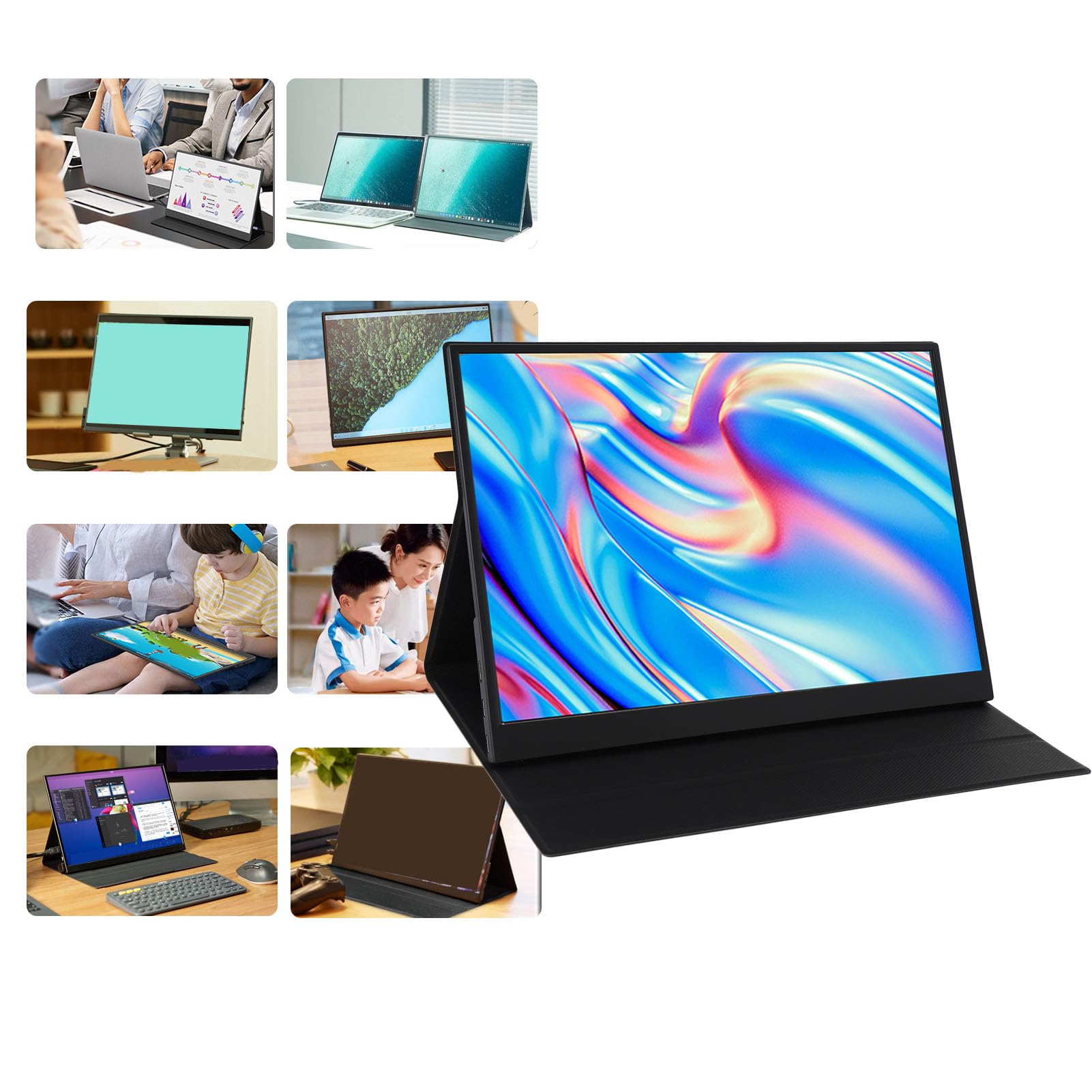 Przenośny Monitor Ekranowy, 14 Cali 1080p FHD Dotykowy Monitor Dotykowy, Zewnętrzny Monitor z Kick i Głośnik do Laptopa Komputerowy