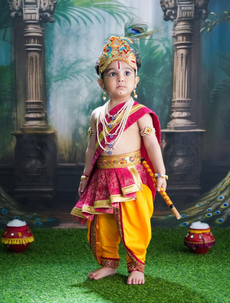 Dresses Krishna Dress for Kids, Baby Krishna Dress for Janmashtami with Krishna Mukut, Peacock Feather & Flute Embroidered Krishna Costume for Girl & Boy