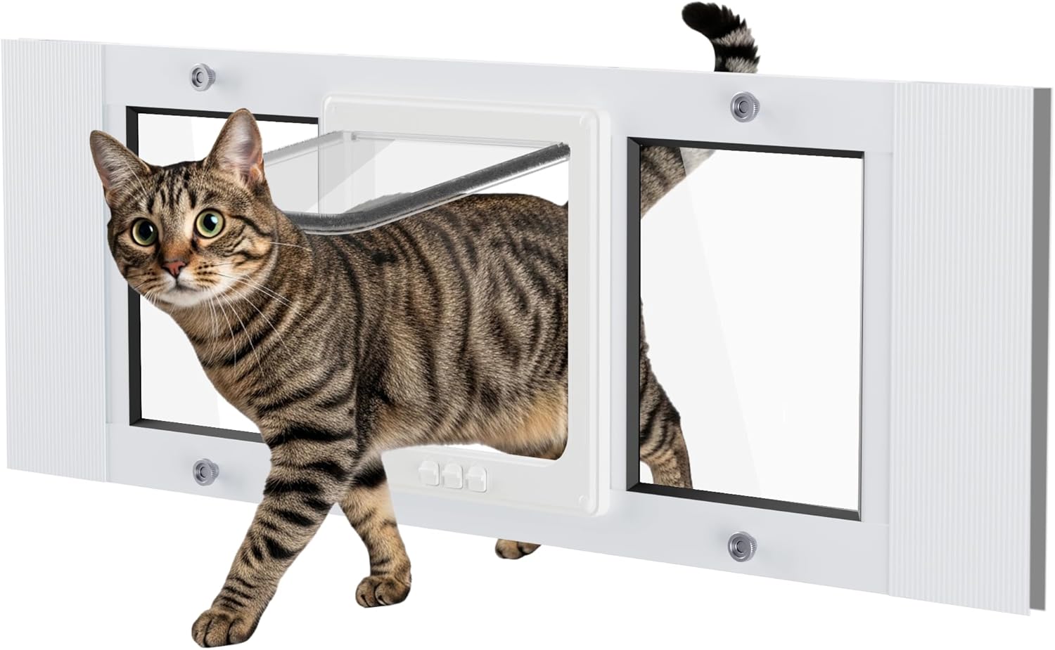 Cat Door for Window Weatherproof: Aluminum Frame Flap Pet Door Fit Window Insert - Easy Adjustable to Quick Fit Windows Width 31"-36" - 4 Secure Lock Modes with Magnetic Closure for Cats Dog