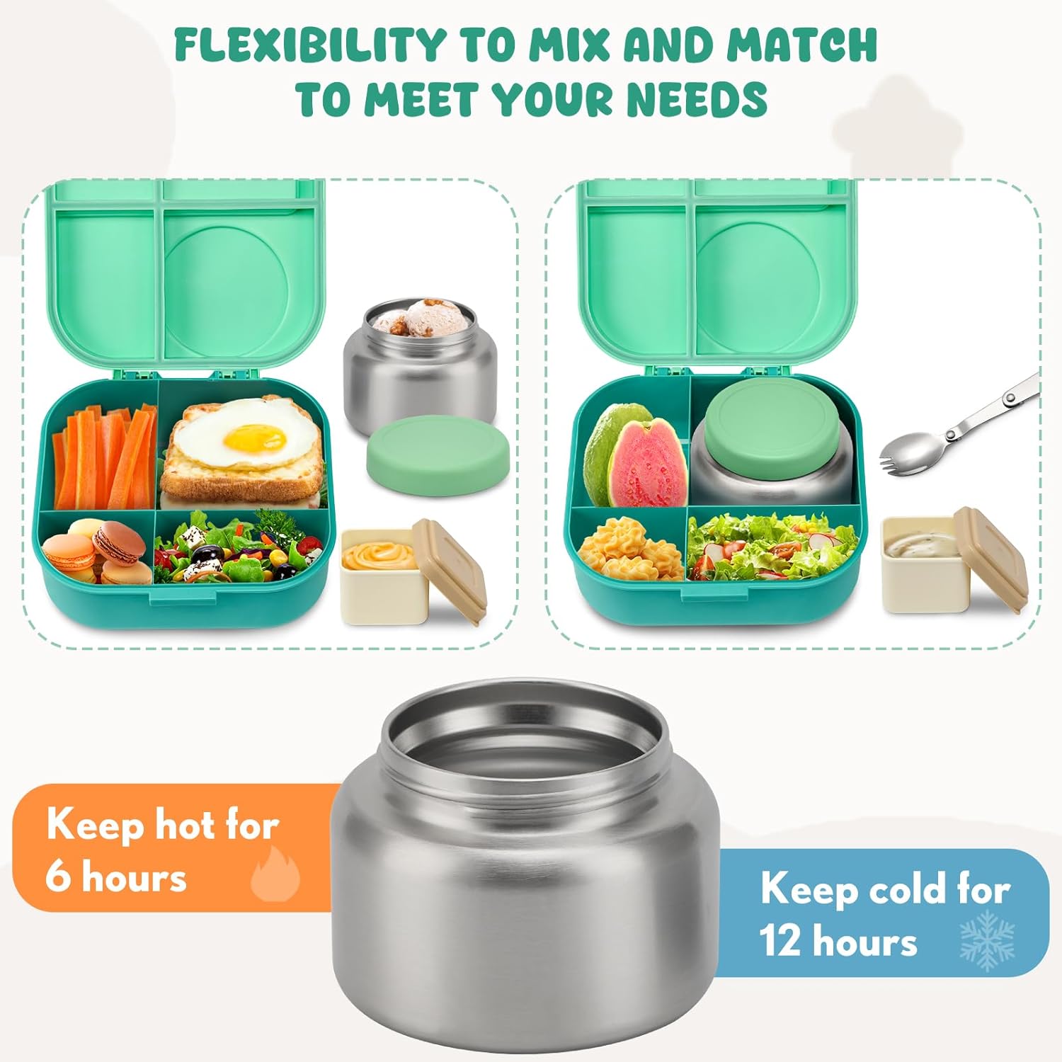 Bento Lunch Box with 12oz Soup Thermo,4 Compartments Lunch Box Containers, Spoon&Sauce Jar, BPA Free&Leak proof,Insulated Food Jar for Travel (Green) - Image 3