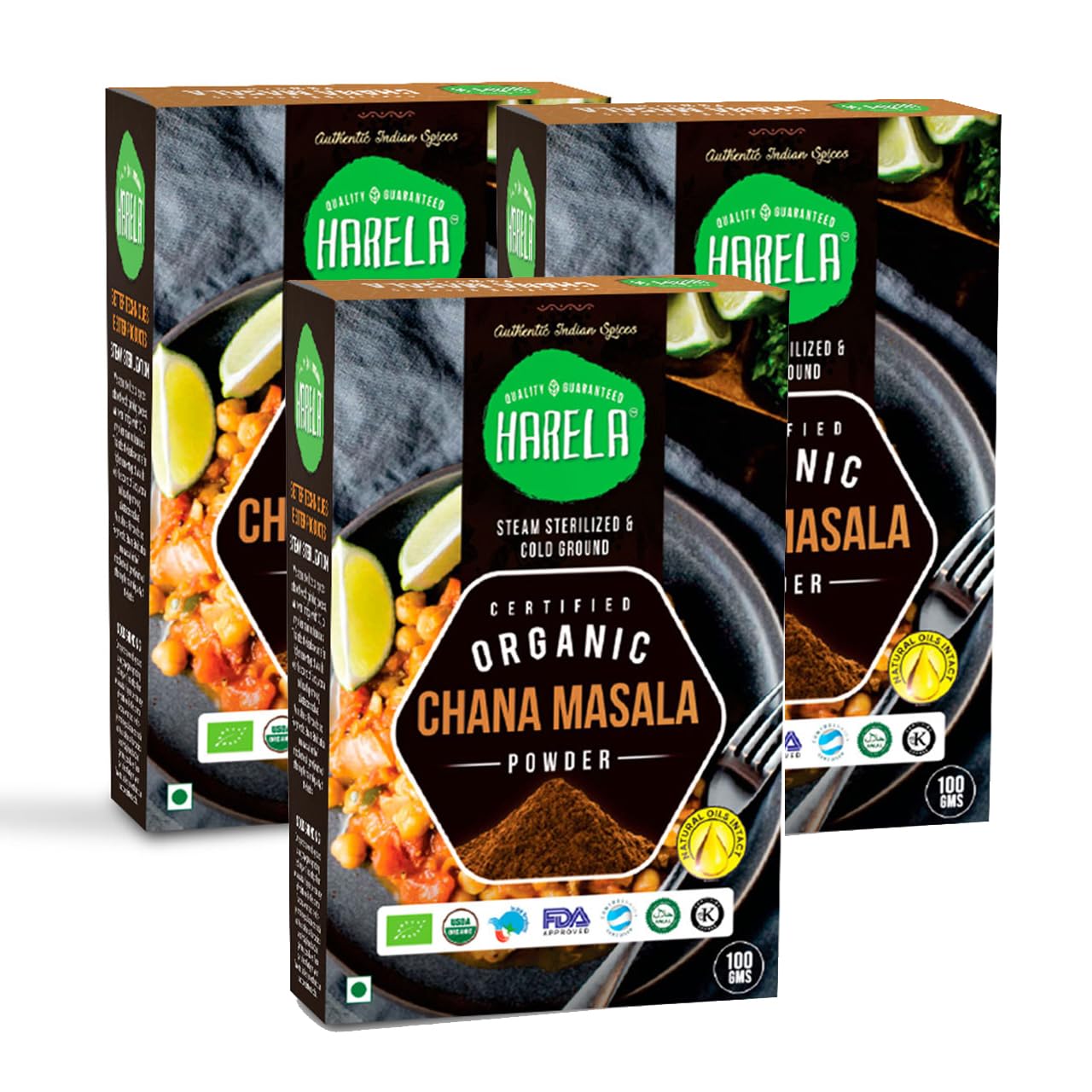Harela Certified Organic Chana Masala Powder with Rich Natural Oils | No Additives or Harmful Chemicals | Cold-Pressed & Steam Sterilised | Aromatic & Flavourful (Pack-3)