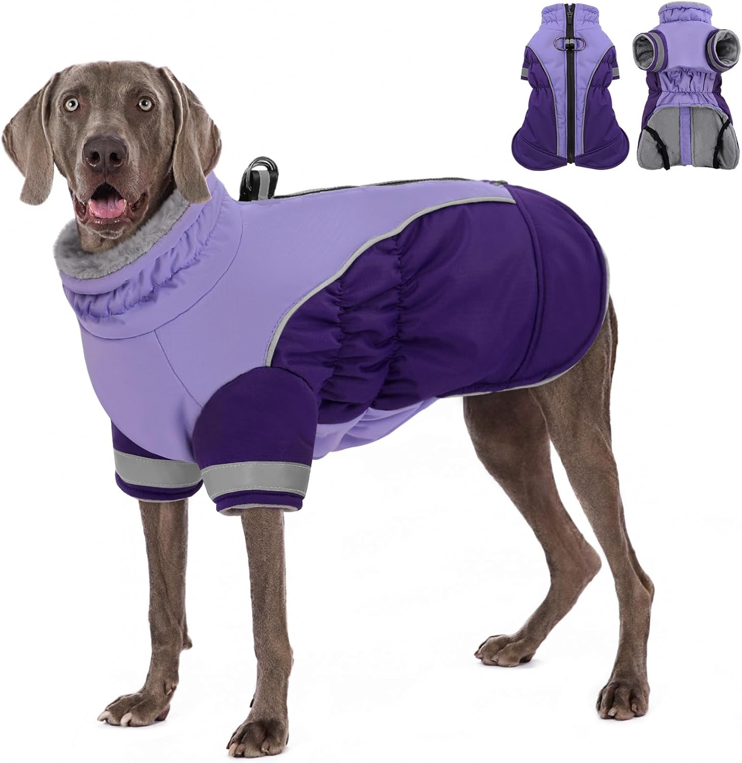 AOFITEE Dog Coat- Two Legged Extra Large Dog Winter Jacket - Zipper Dogs Cold Weather Coat with Harness, Warm Pet Puffer Jackets Reflective Pet Snow Coats for Golden Retriever, Weimaraner, Purple 2XL Light Purple & Dark Purple XX-Large