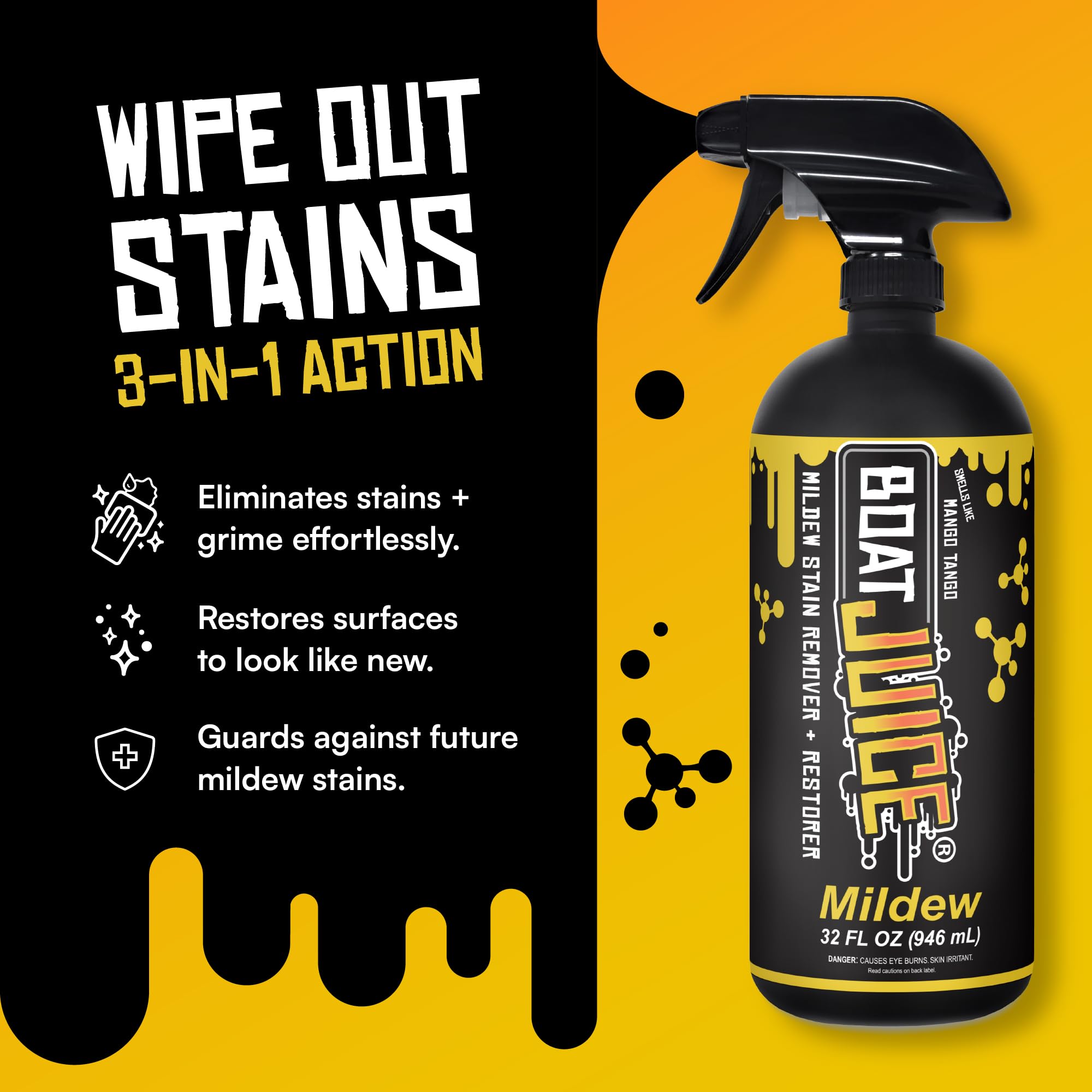 Boat Juice Mildew Stain Remover & Restorer Boat Cleaner | Marine-Grade Boat Mold & Mildew Remover for Vinyl Seats, Upholstery, Cushions & Interior | Fast-Acting, Mango Tango Scent | Made in USA (32oz)