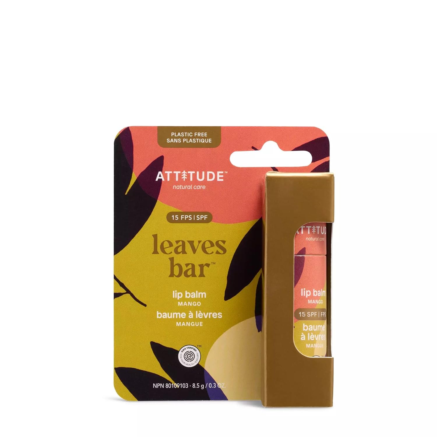 ATTITUDE Plastic-free Lip Balm with Sun Protection SPF 15, EWG Verified, Plant- and Mineral-Based Ingredients, Vegan and Cruelty-free, Mango, 0.3 Oz (Pack of 3)