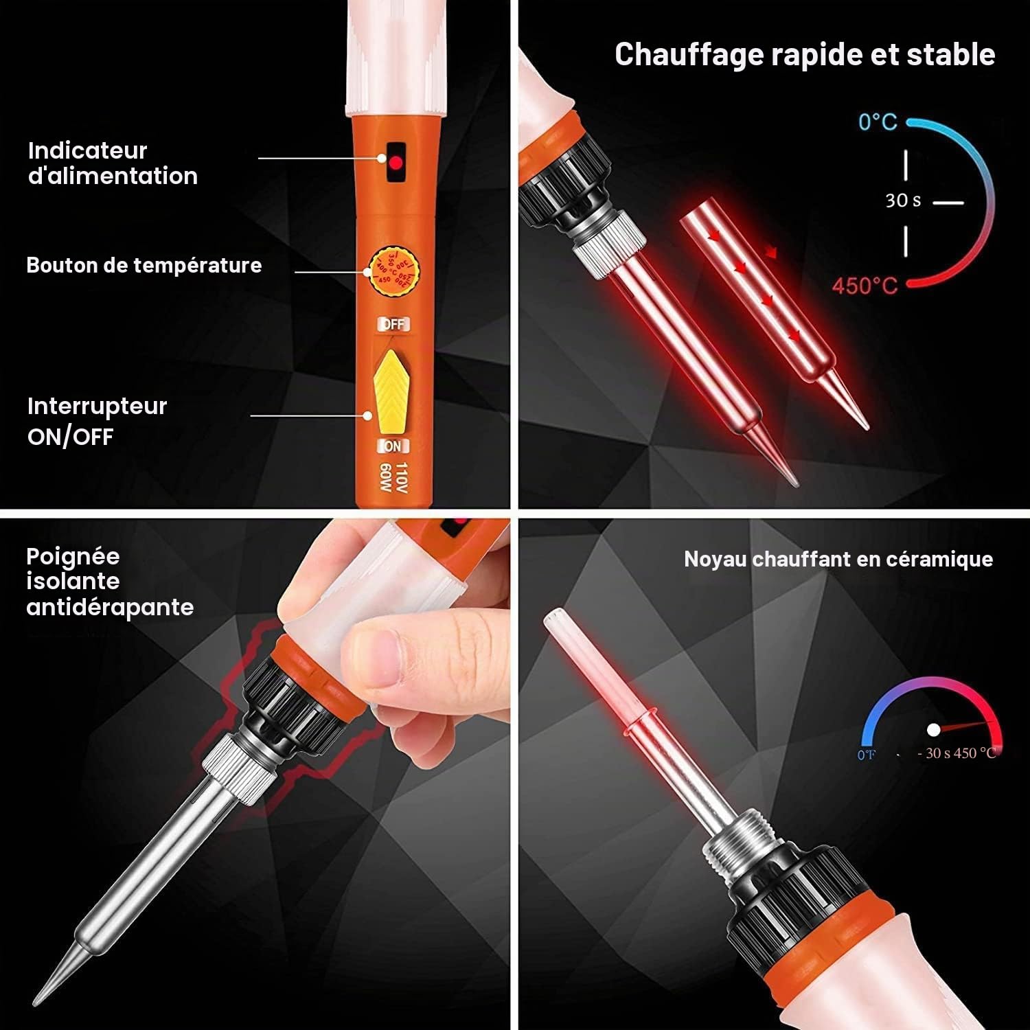 [Upgraded] Fer à Souder Etain de Précision avec Interrupteur ON/OFF, Temperature Réglable 200~450℃, 5 pointes, fil à souder, Support de fer, PU bag