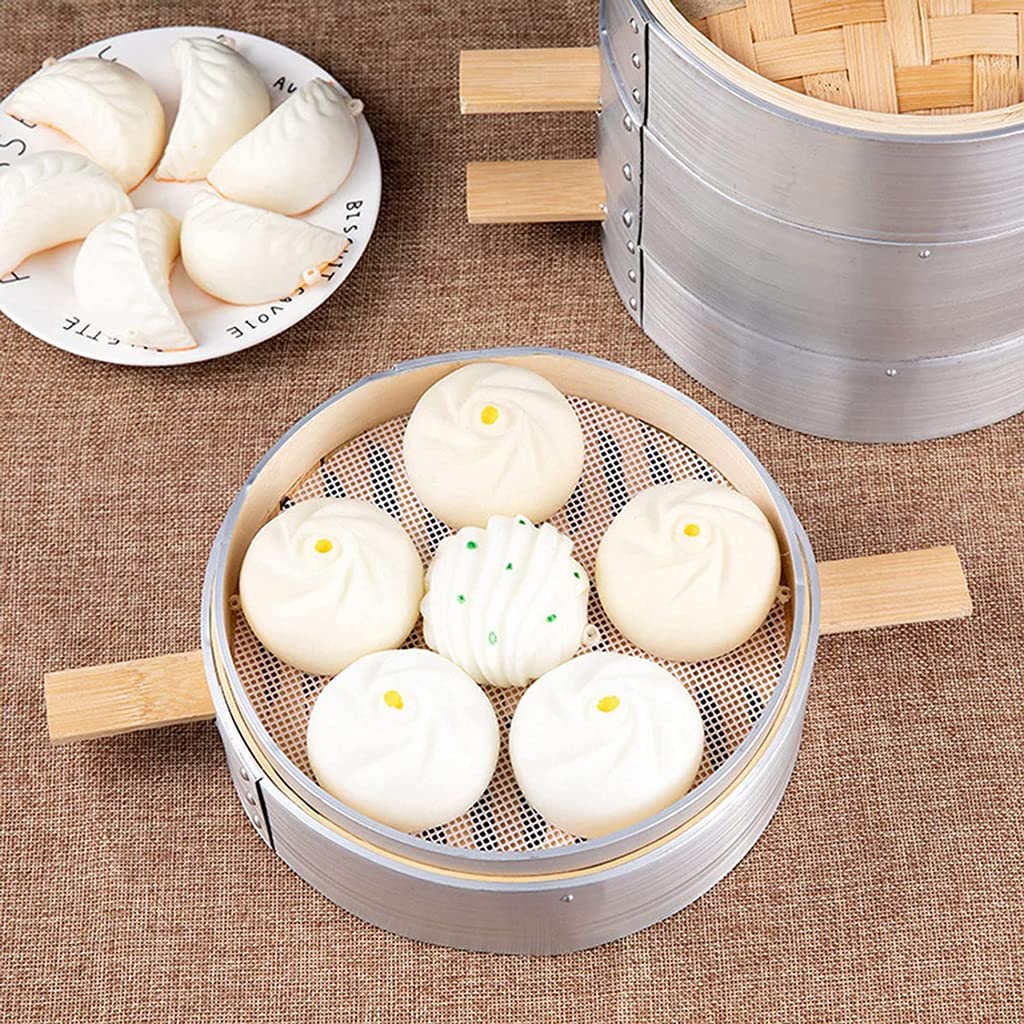 PIAOLING 3-stckiger Bambus-Dmpfkorb, Dampfgarer, chinesischer  Dampfgarkorb, Kanten aus Aluminiumlegierung fr Reis, Dim Sum, Gemse,  gesundes Kochen ...
