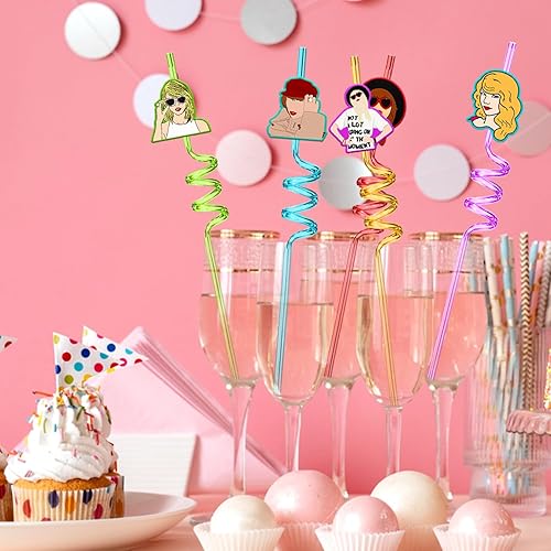 Miniatura 3 de 24 popotes de plástico reutilizables con temática de música popular con 2 cepillos de limpieza, decoraciones de fiesta de cumpleaños con temática