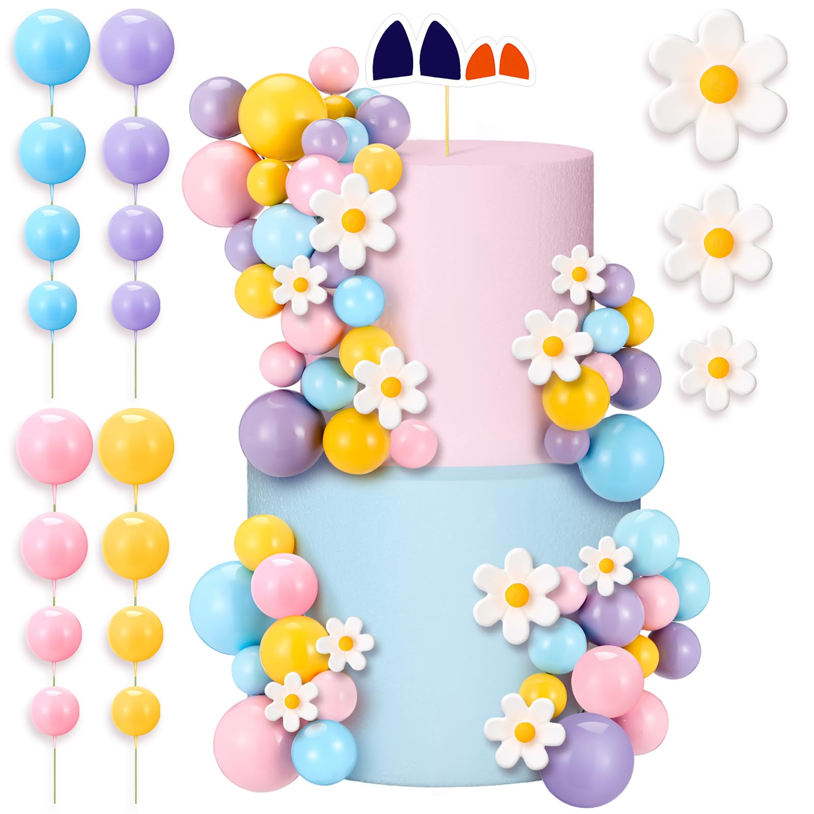 Threehoney 63 Pcs Blue Dog Cake Toppers with Balls Cake Picks and Daisy Flowers for Birthday Decoration Groovy Pastel Cupcake Inserts Hippie Wedding Party Supplies(Happy Birthday)