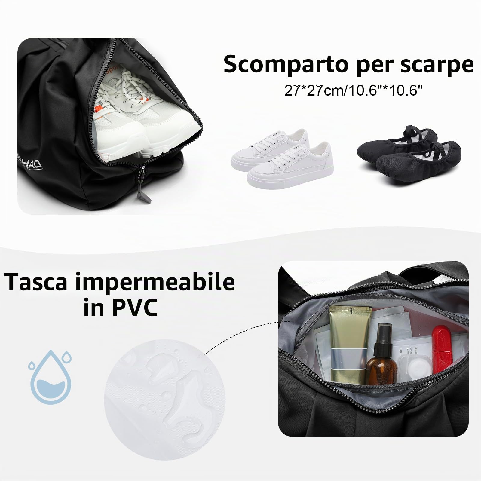 Borsa Palestra Donna con Diseño Plisado Piccola, Elegante Borsa Sportivo con Scomparto per Scarpe, Borsone Piscina con Tasca Bagnata, Gym Duffel Bag per Fitness Viaggio, Nero