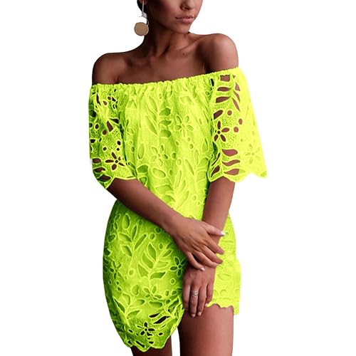 PRETTYGARDEN Women's Summer Off Shoulder Vintage Floral Lace Flare Short Sleeve Loose Elegant Mini Dress