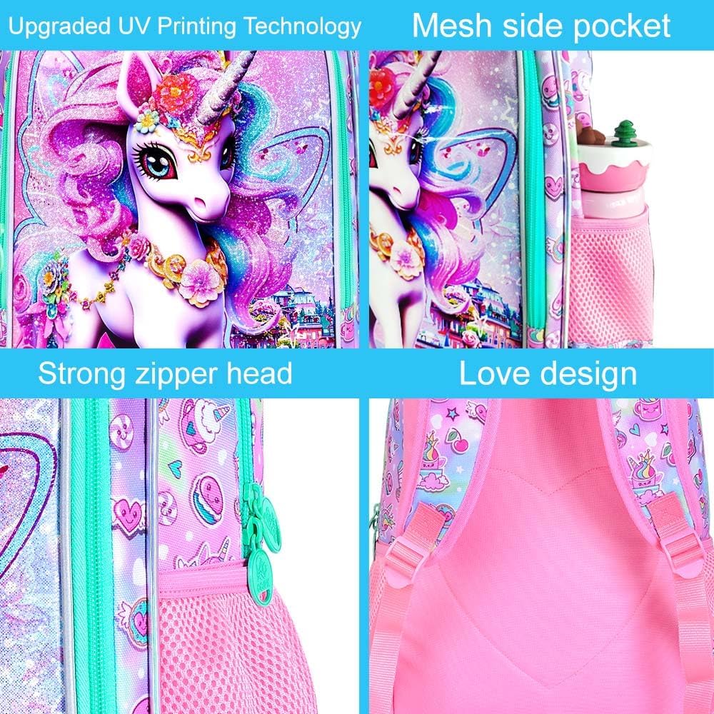 16" Unicorn Backpack, 3Pcs School Bookbag for Girls with Lunch Box, Kids Backpacks for Elementary Preschool Kindergarten(Pink) - Image 6