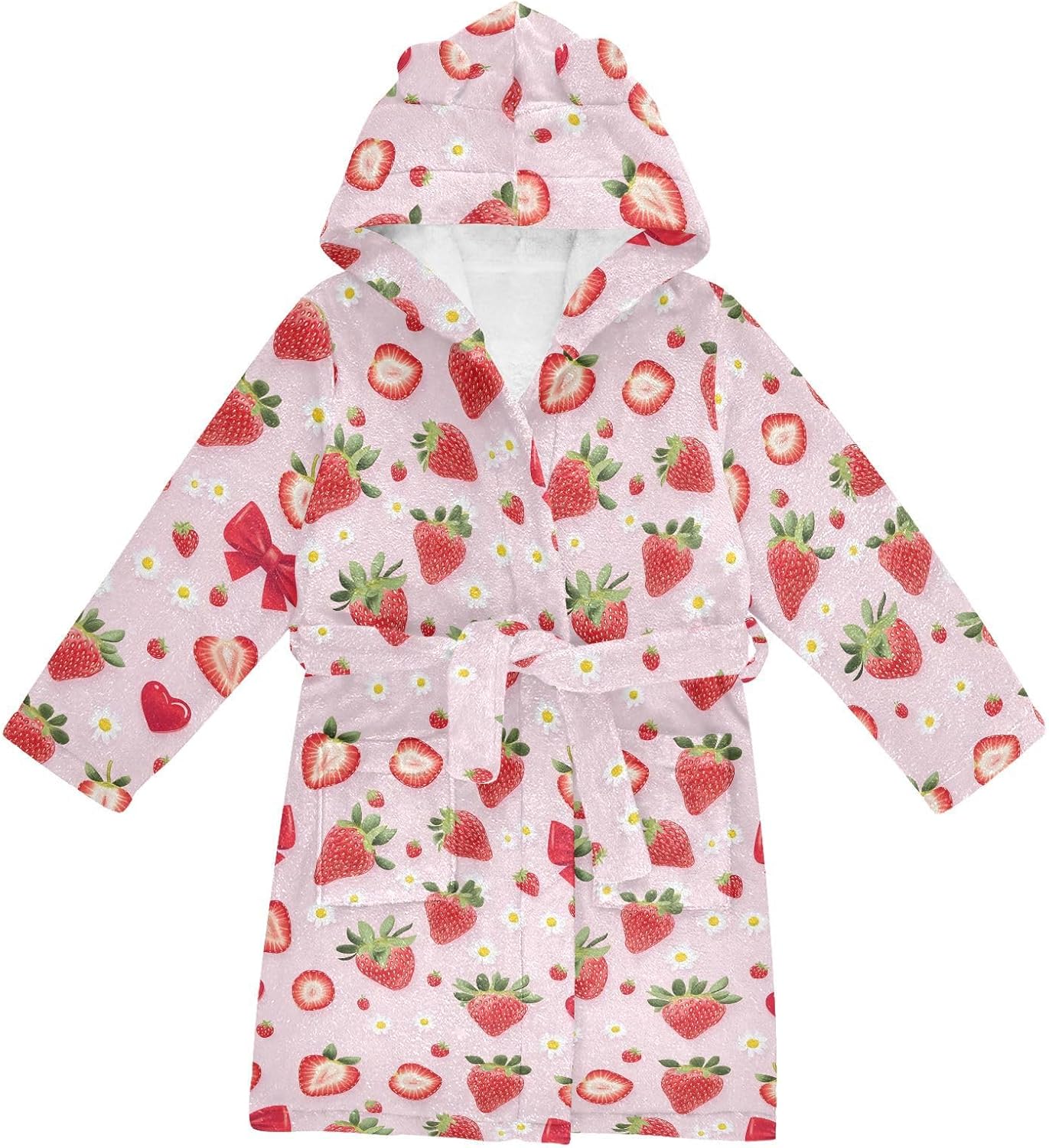 senya Strawberry with Daisy Toddler Hooded Bathrobe Kids Soft Plush Bath Towel Robes for Boys Girls 2-12 Years