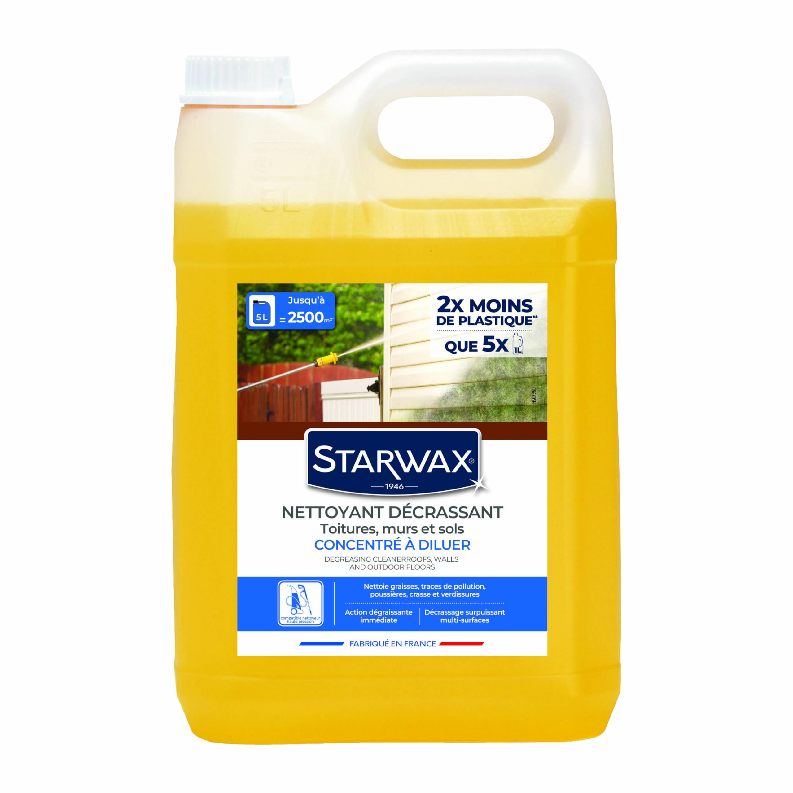 STARWAX - Nettoyant toitures, murs et sols - Concentré à diluer - Nettoie les graisses, les traces -​Décapant multi-​surfaces - Fabriqué en France - 5L = Jusqu'à 2500 m2