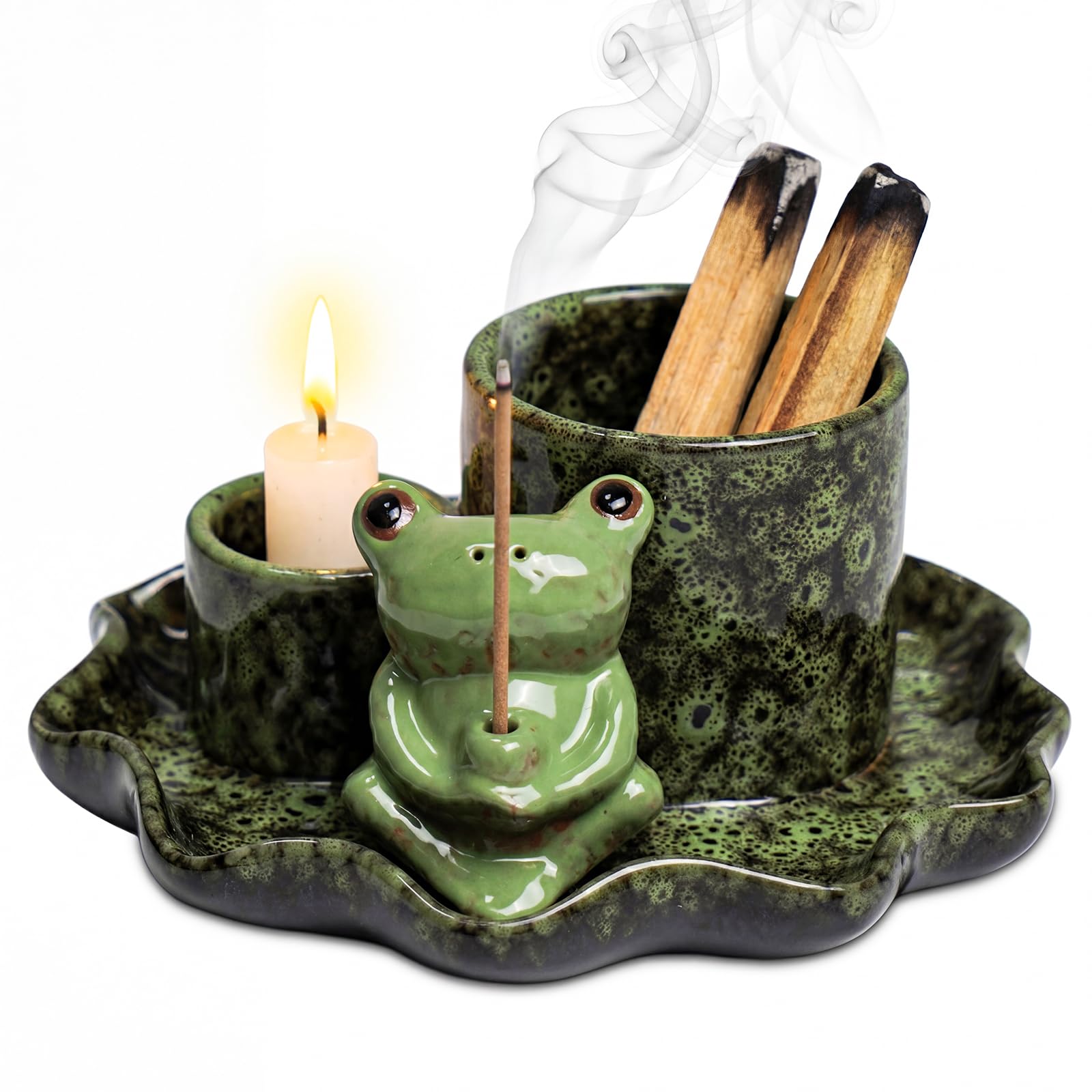 ZONSUSE Bruciatore di Incenso Rana Multifunzionale 4 in 1 con Vassoio Foglia di Loto, Porta Salvia, Palo Santo, Bastoncini e Coni in Ceramica, Decorazione Yoga & Meditazione (Rana Verde Loto)