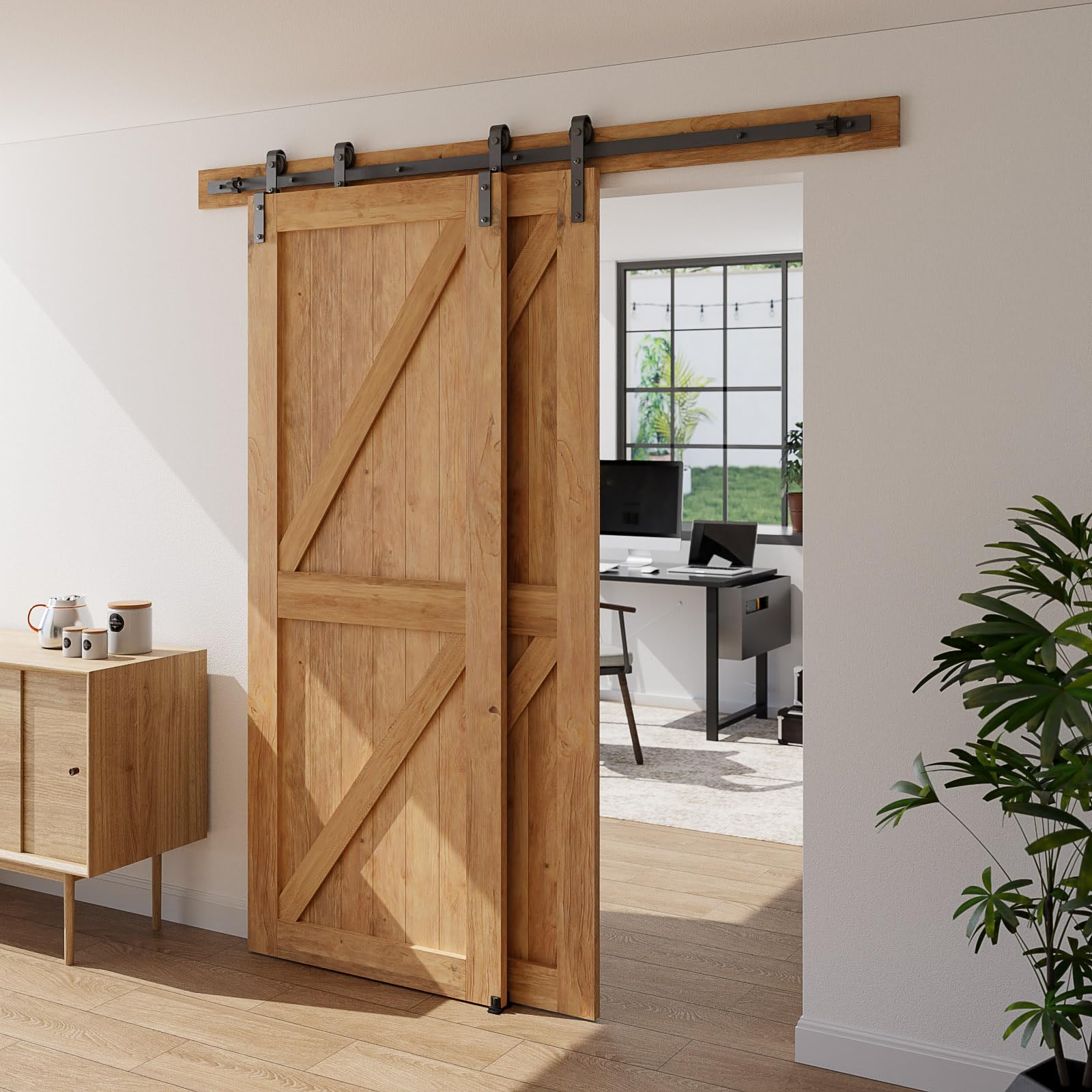 Sliding Door Fitting Bypass Double Door 183 cm Sliding Door Rail System Complete Set including Floor Guide Black for 2 Wooden Doors 82 cm Wide - Image 3