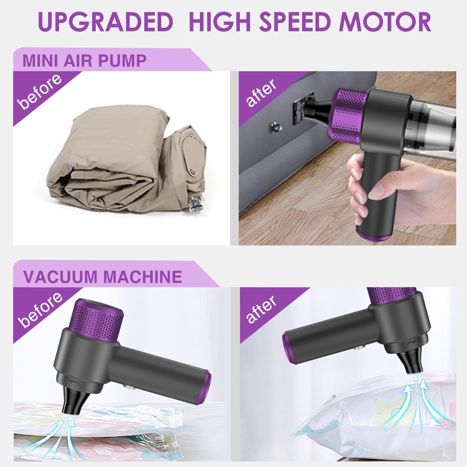 4-en-1 Aspirateur Voiture Puissant sans Fil, 15000PA Mini Aspirateur a Main sans Fil, Double Système de Filtration, Lumière LED, pour Souffleur Air Comprimé Nettoyage PC, Bureau (Violet)