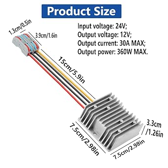 DC 24 V Step Down to 12 V 30 A 360 W DC Converter Suitable for Waterproof Voltage Reduction Devices on Golf Carts and Forklifts (24 V to 12 V 30 A)