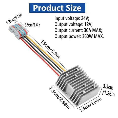 DC 24 V Step Down to 12 V 30 A 360 W DC Converter Suitable for Waterproof Voltage Reduction Devices on Golf Carts and Forklifts (24 V to 12 V 30 A)