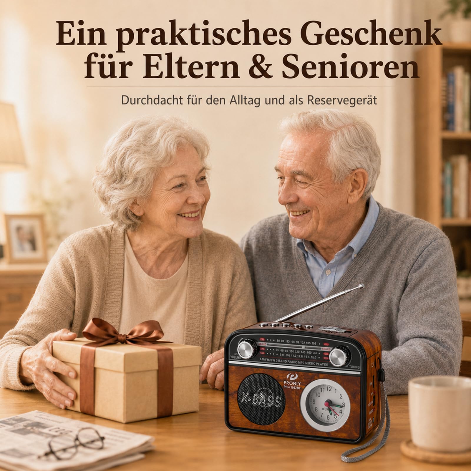 Portable AM/FM Radio mit Bluetooth im Vintage-Stil, Radio Batteriebetrieben mit Uhr & Taschenlampe, USB/TF-Wiedergabe, für Camping, Alltag & Notfälle, Holzoptik (PR-1002BT)