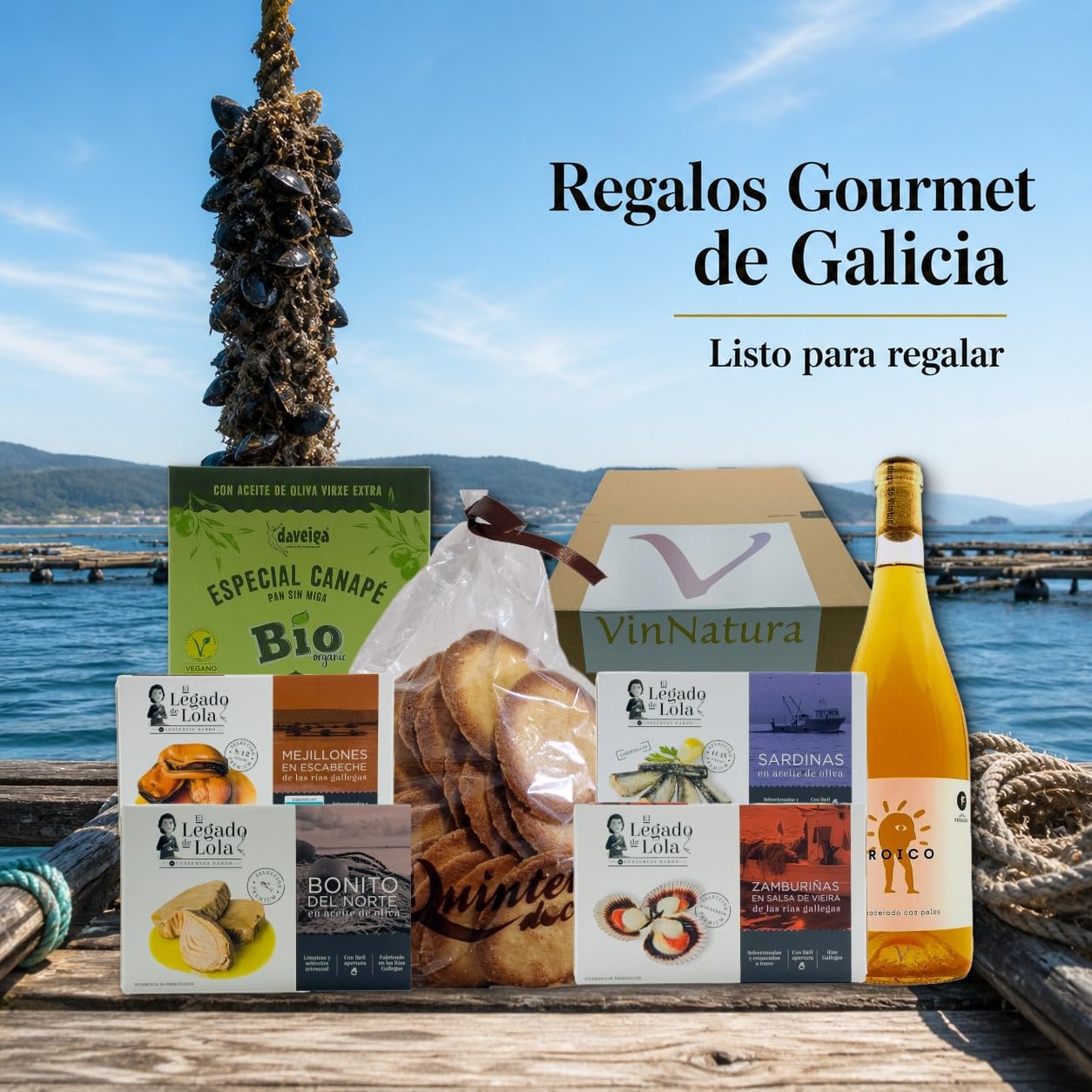Caja Gourmet Arousa de VinNatura con Conservas Artesanales y Vino Naranja | Regalo gourmet gallego, regalos de empresa, cesta con vino, elaboración tradicional, tarjeta personalizable
