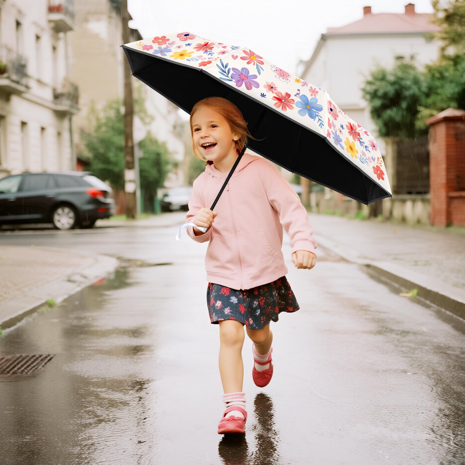 decalsweet Parapluie Pliant Enfant Anti-UV, Parapluie Compact Léger Automatique Anti-Rebond avec Bande Réfléchissante, Mini Parapluie de Voyage pour Bebe, Filles, Garçons, Fleurs et Plantes