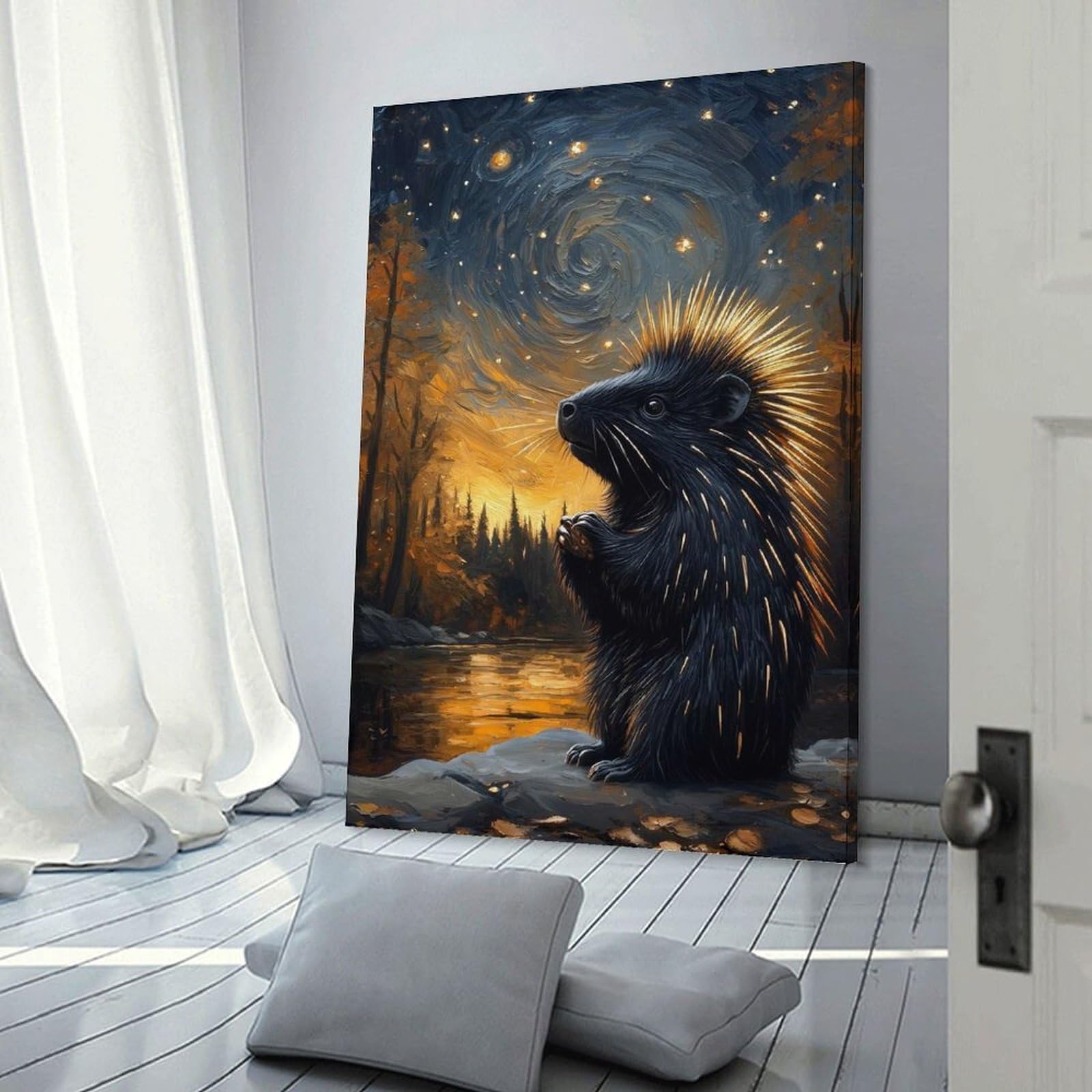 Junmoney Decorative Canvas Print Porcupine Under Starry Night Sky Painting, 16x24inch(40x60cm), for Home Office, Desk Area Or Studio, Home Office Artwork with Decorative Appeal
