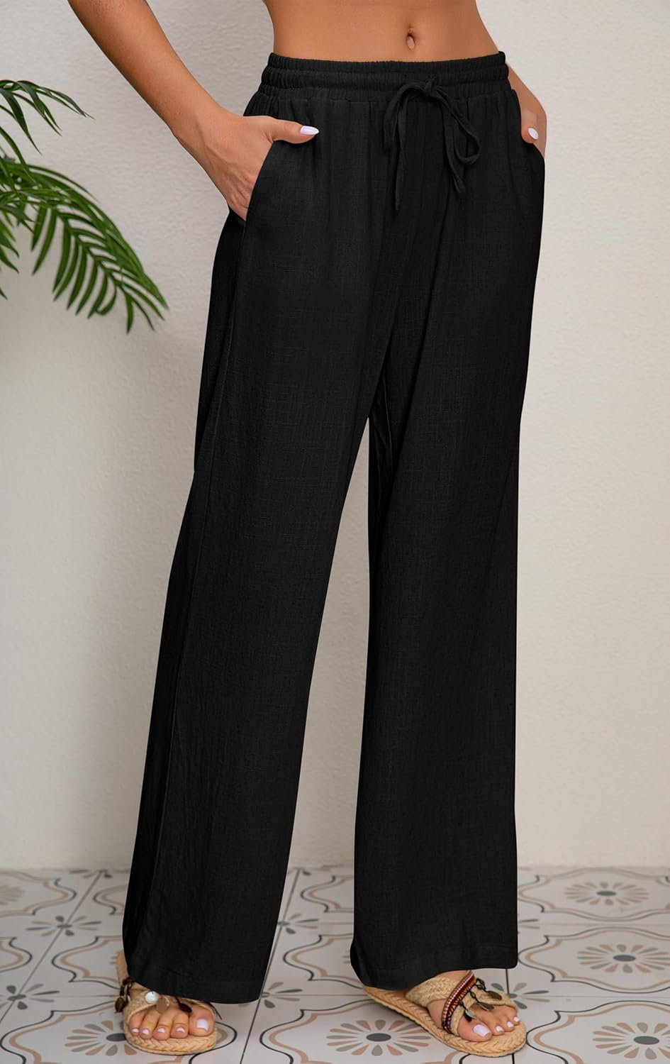 AISEW Women's Cotton Linen Palazzo Pants Drawstring Elastic Waist Casual Wide Leg Long Lounge Trousers with Pockets - Image 3