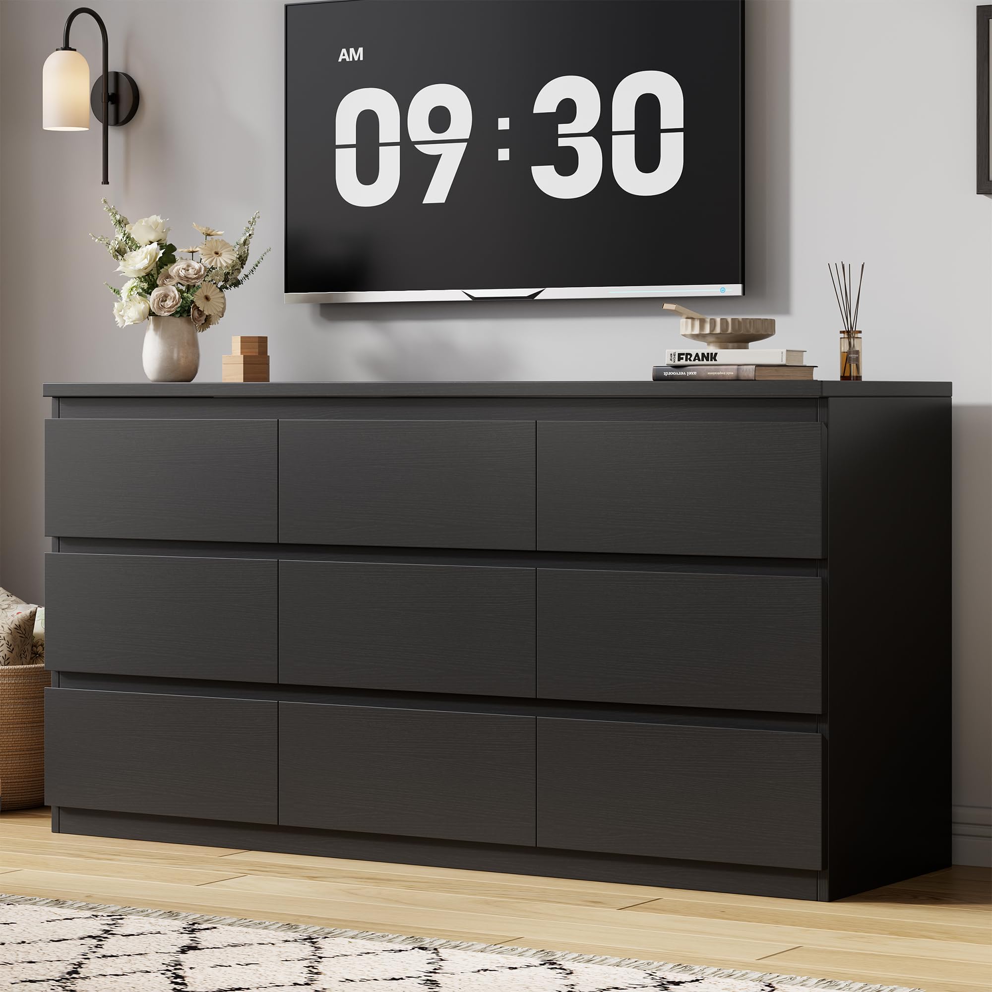 Jocoevol Modern Black 9 Drawer Dresser for Bedroom, Simply Chest of Drawers, Wood Storage Dresser with Deep Drawers for Living Room Hallway Entryway (Black) : Home & Kitchen