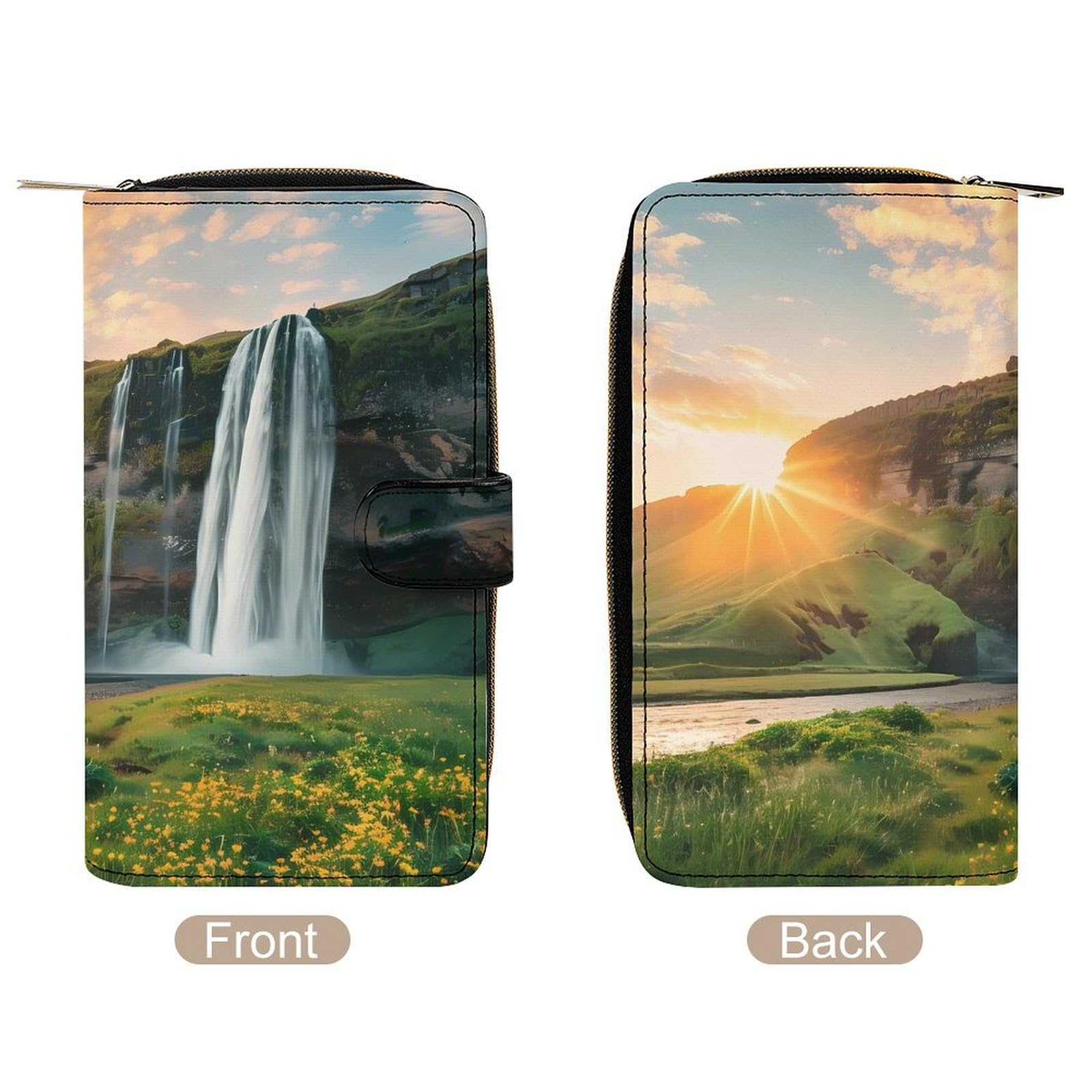 Beautiful Sunset Waterfall Leather Long Pouch Wallet for Men And Women Large Capacity Clutch Cash Wallet with Zippered